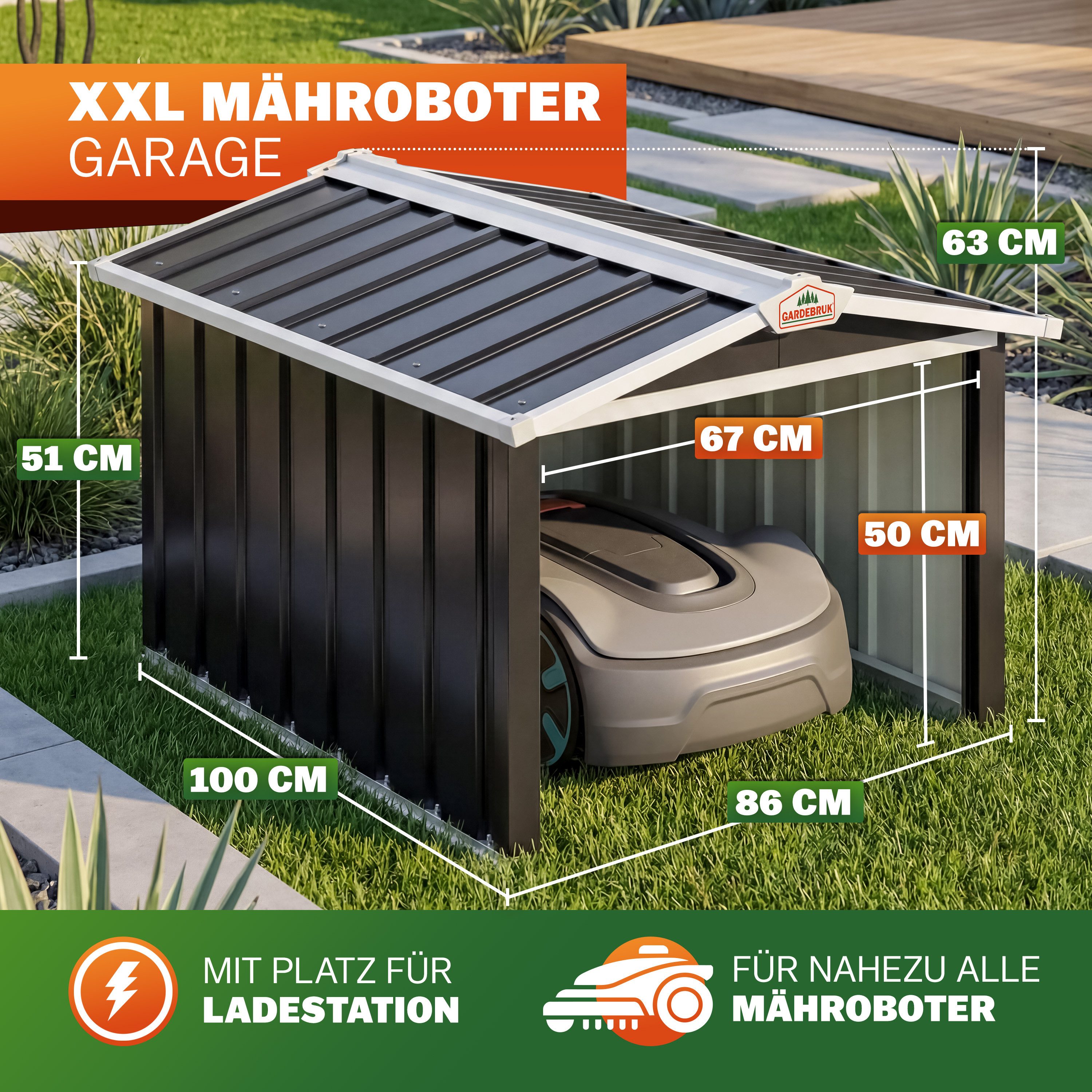 Gardebruk Mähroboter-Garage, Satteldach Metall 86x100x63cm 4x Erdanker Carport Garten Anthrazit