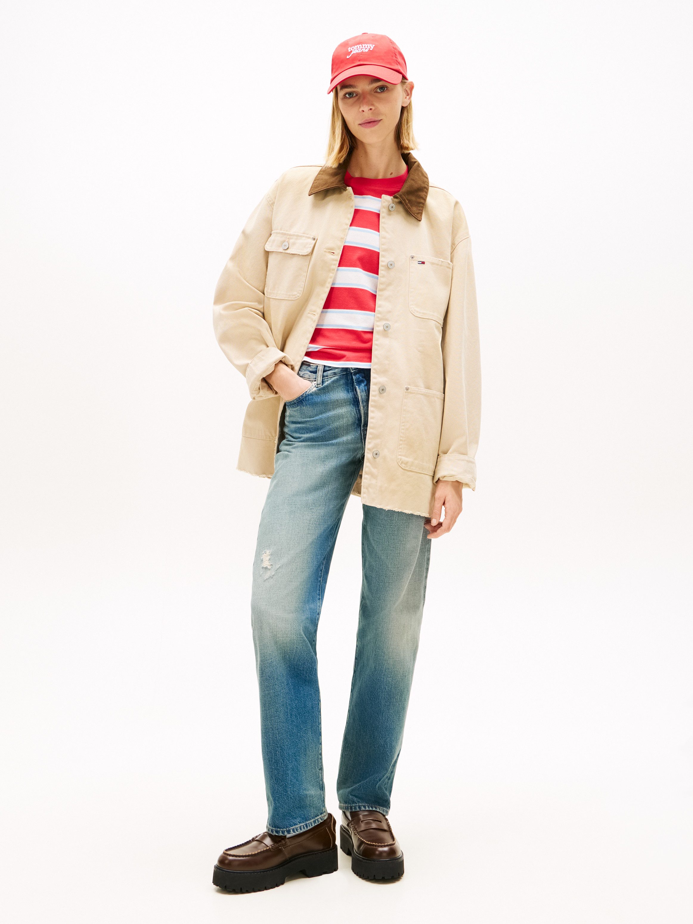Tommy Jeans Langjacke TJW OVS DISTRESSED CHORE JACKET mit farblich abgesetztem Umlegekragen, Oversized Fit