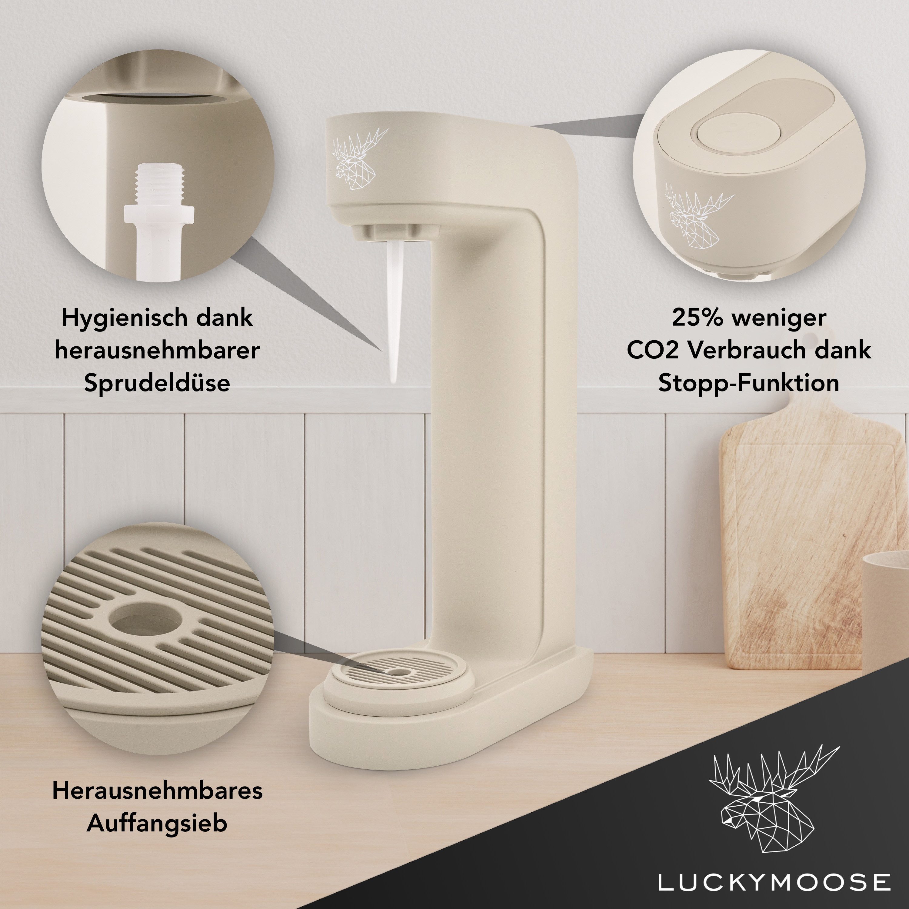 Luckymoose Wassersprudler Infinity mit 2x 1,25L spülmaschinenfesten Edelstahlflaschen, (2x Silber-tlg), Spart bis zu 25% CO2, Flaschen spülmaschinenfest & ohne Ablaufdatum