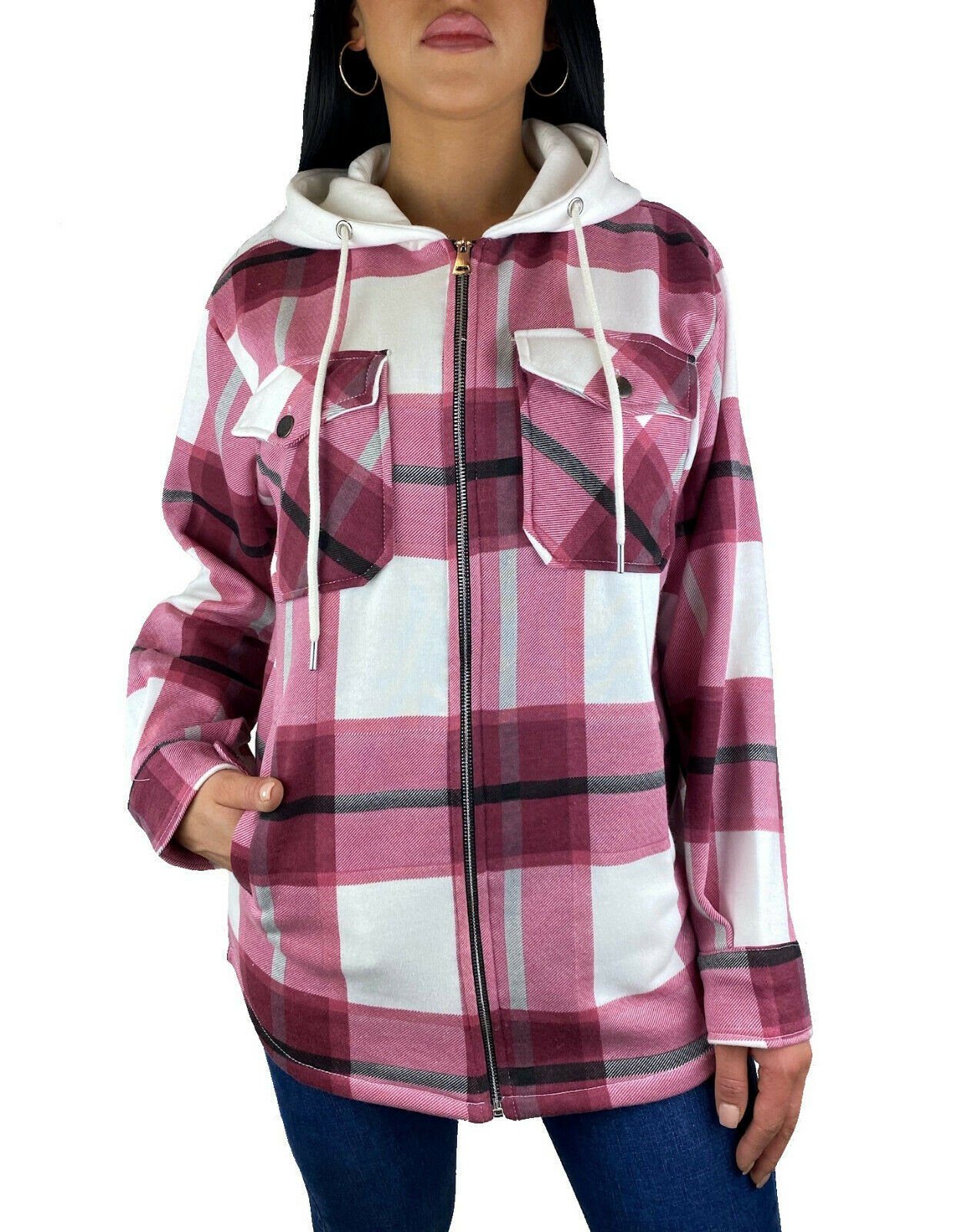 XS-XL Bordeaux MIT HOLZFÄLLERHEMD DAMEN KAPUZE HEMDJACKE (1-tlg) BLOGGER HOODIE KAROHEMD Flanellhemd Worldclassca Worldclassca KARIERT OVERSIZED