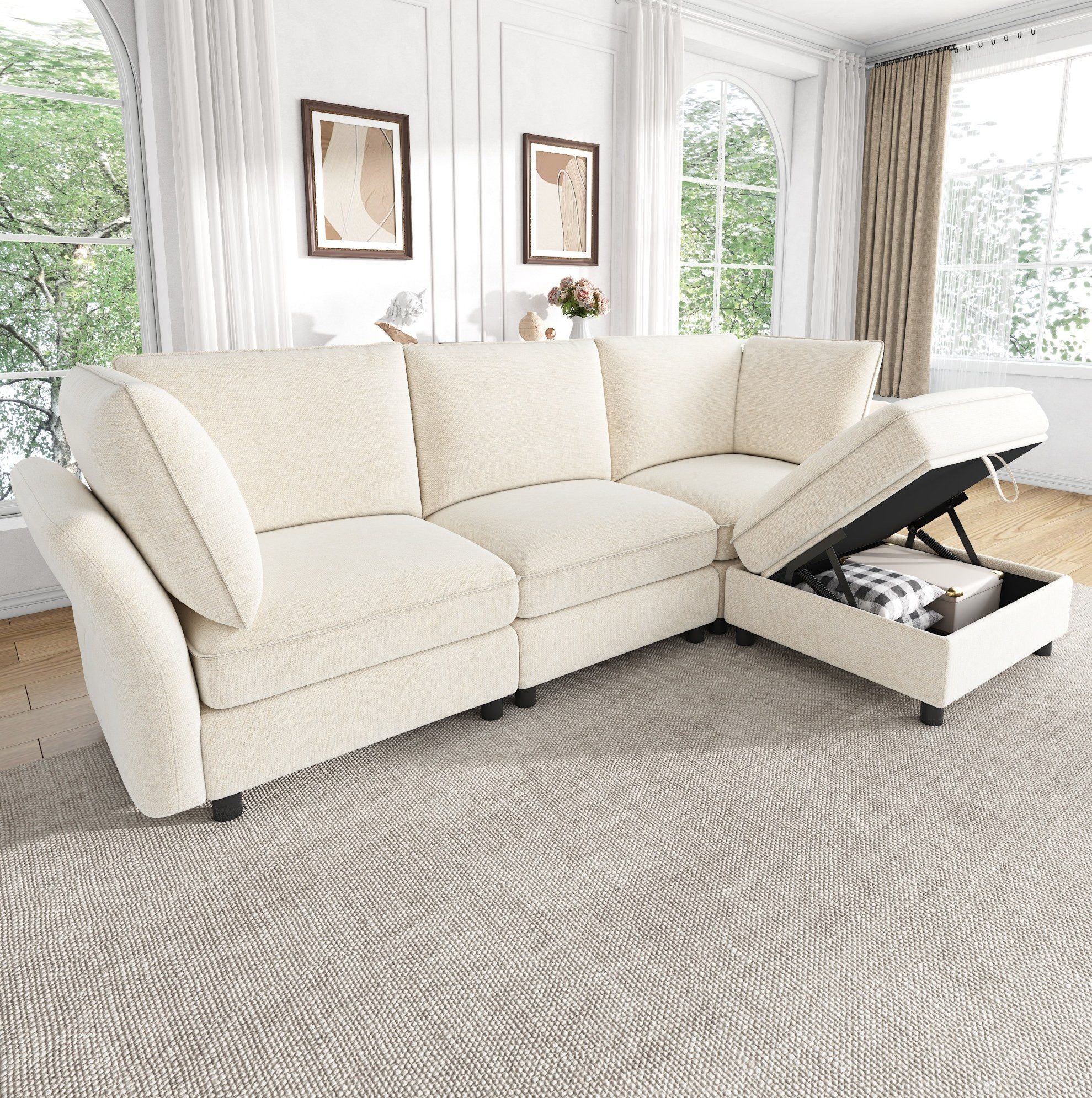REDOM Ecksofa Praktisches Modulsofa mit Stauraum, Chenille, Beige, 225x137x84cm 1 Teile, 4-Sitzer, weich gepolstert & Hocker
