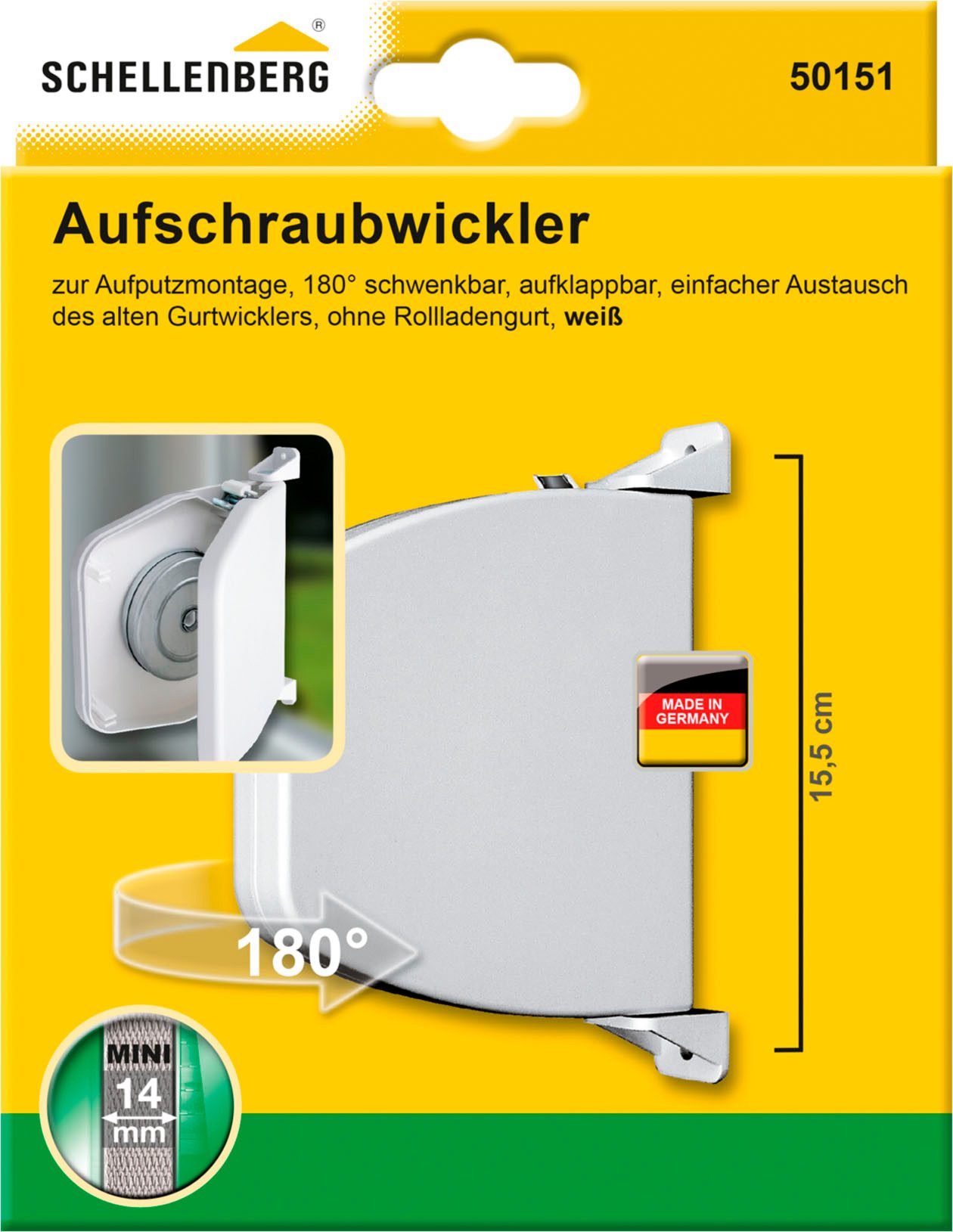 SCHELLENBERG Aufputz-Gurtwickler Aufschraubwickler für das Rollladensystem Mini, Gurtbreite 14 mm, 1-tlg., aufklappbar, mit festem Lochabstand, 155 mm, weiß oder braun