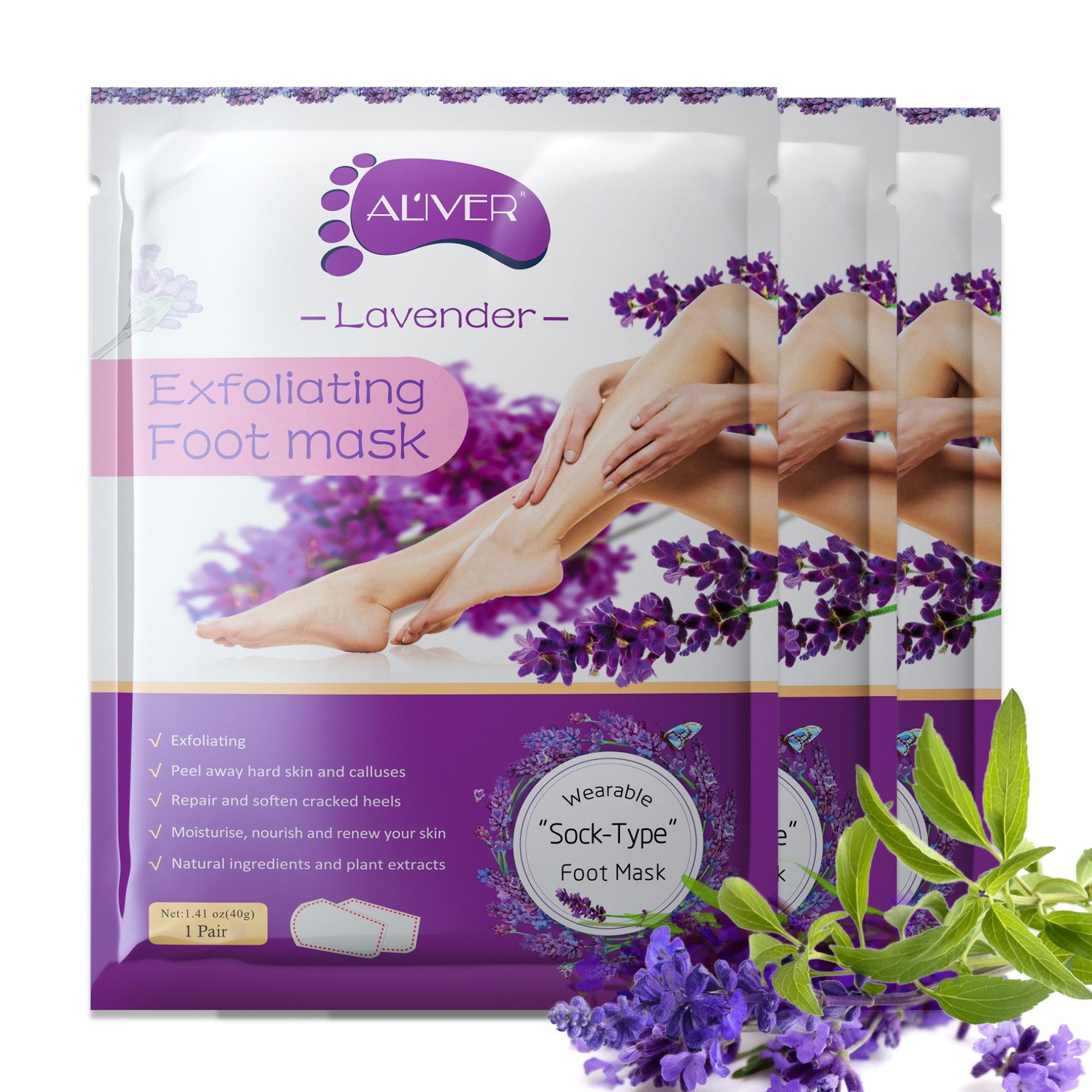 ALIVER Fußmaske Fußpflege Anti Hornhaut Socken Lavendel Aliver, 3-tlg., Lavendel