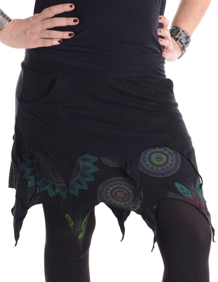 Vishes Zipfelrock Lagenlook Baumwolle Ethno, Minirock bedruckt Blumen Goa, aus Style schwarz Hippie, Ethno