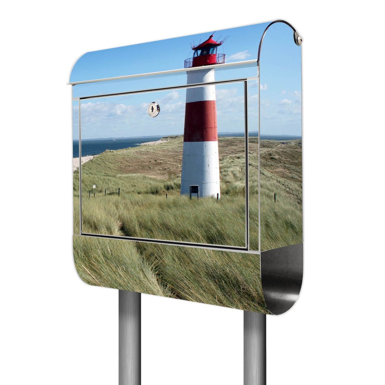 banjado Standbriefkasten Edelstahl Leuchtturm (Standbriefkasten Leuchtturm, mit Zeitungsfach), 126 x 53 x 17cm