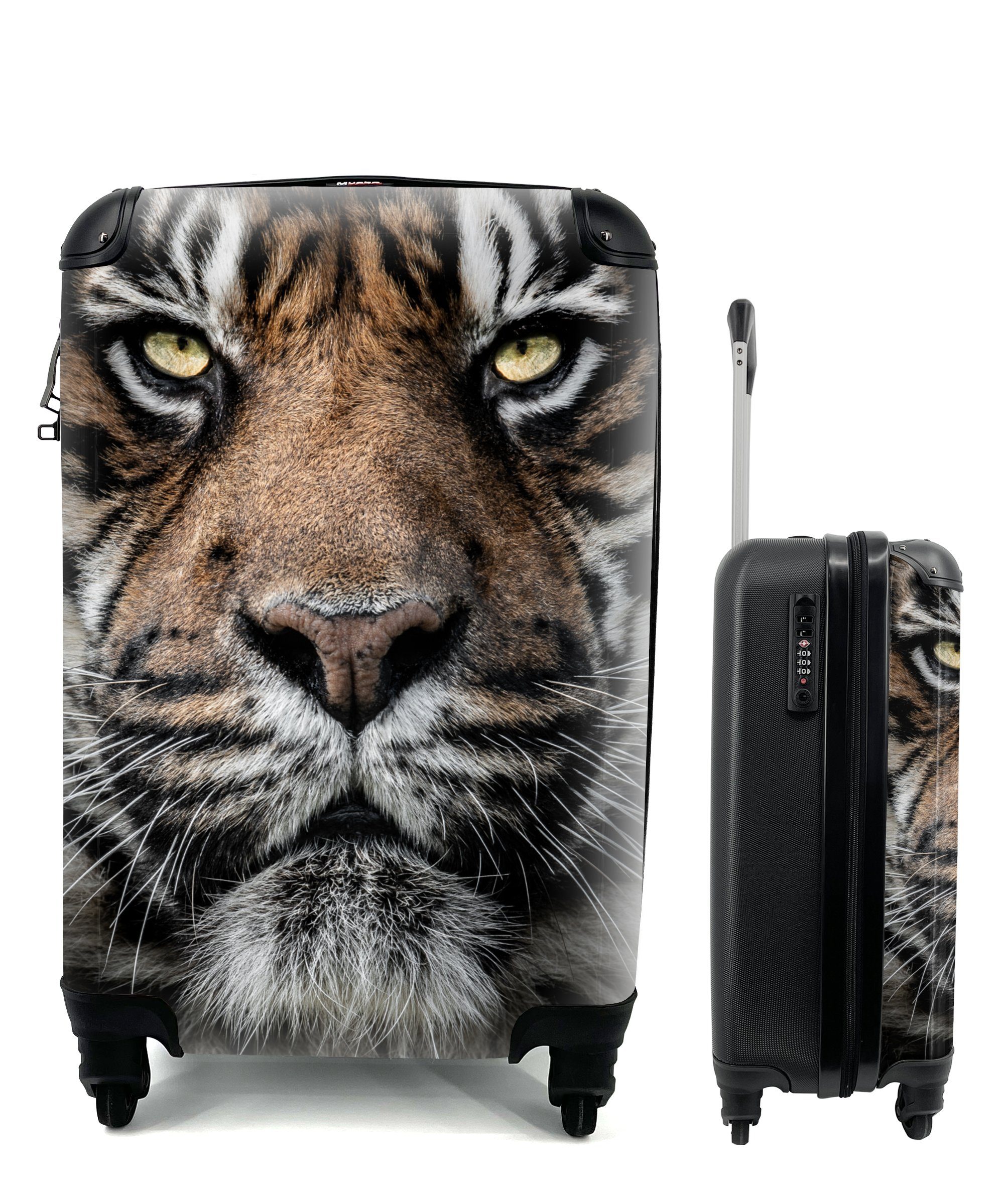 MuchoWow Handgepäckkoffer Porträt-Tiger auf schwarzem Hintergrund, 4 Rollen, Reisetasche mit rollen, Handgepäck für Ferien, Trolley, Reisekoffer