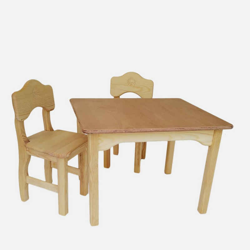 Madera Spielzeuge Kindersitzgruppe Kindertisch 75 und 2 Stühlen, (3-tlg), hochwertiger Handarbeit in Deutschland gefertigt.