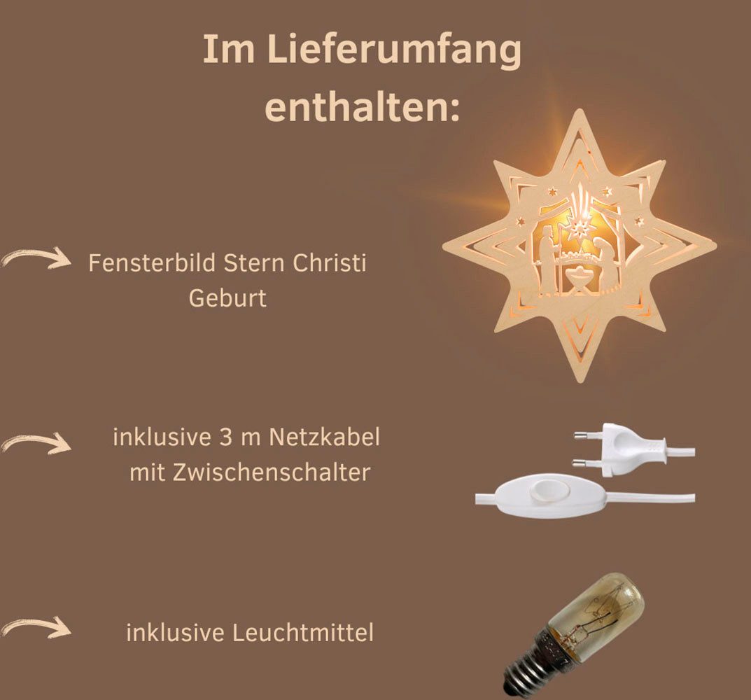 Weigla Dekostern Christi Geburt, Bethlehem, Fensterbild, NATUR, Made in Germany, 1 St., Erzgebirge garantiert, Weihnachtsdeko Innen, Weihnachtsbeleuchtung