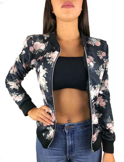 Worldclassca Bomberjacke Worldclassca Damen Bomberjacke Blumenprint Sommer Blumen Blüten Flower Muster Bomber Jacke Übergangsjacke Blouson Fliegerjacke kurz mit Reißverschluss Zip Neu