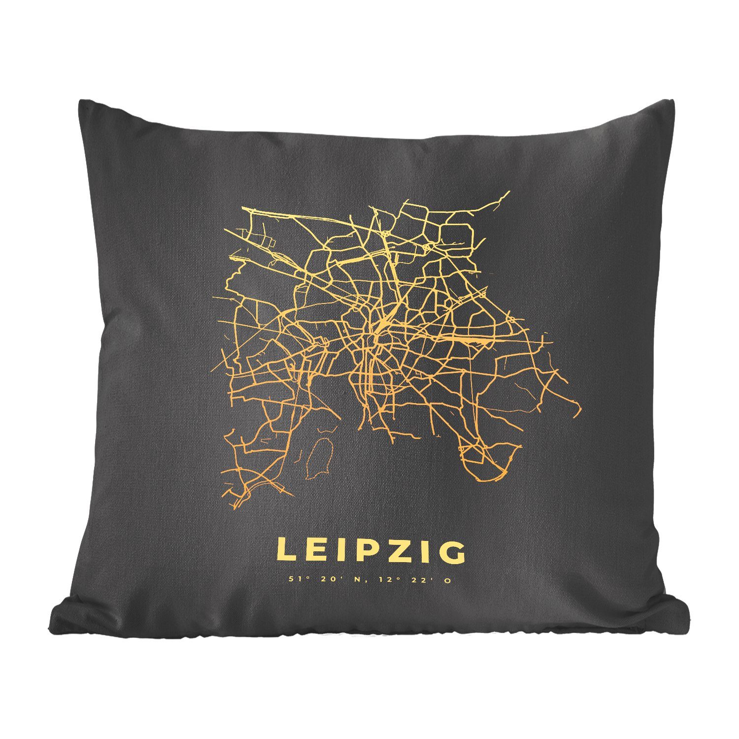 MuchoWow Dekokissen Karte - Leipzig - Gold - Stadtplan, Zierkissen mit Füllung für Wohzimmer, Schlafzimmer, Deko, Sofakissen