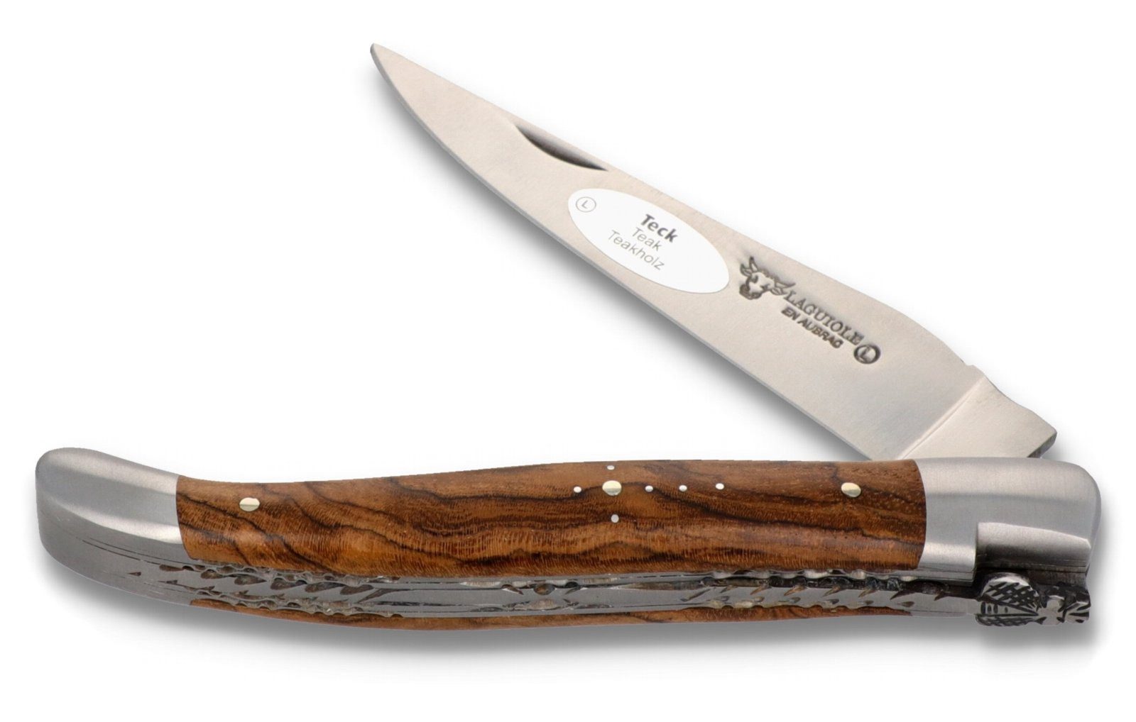 Laguiole en Aubrac Taschenmesser L0712LKIF-SAT, Griff 12cm Teak Maserknolle - Doppelplatine - Stahl satiniert