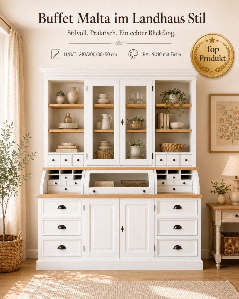 Wohnpalast Buffet Landhaus Buffet Schrank Malta Ladenschrank weiss mit Eiche 200 cm