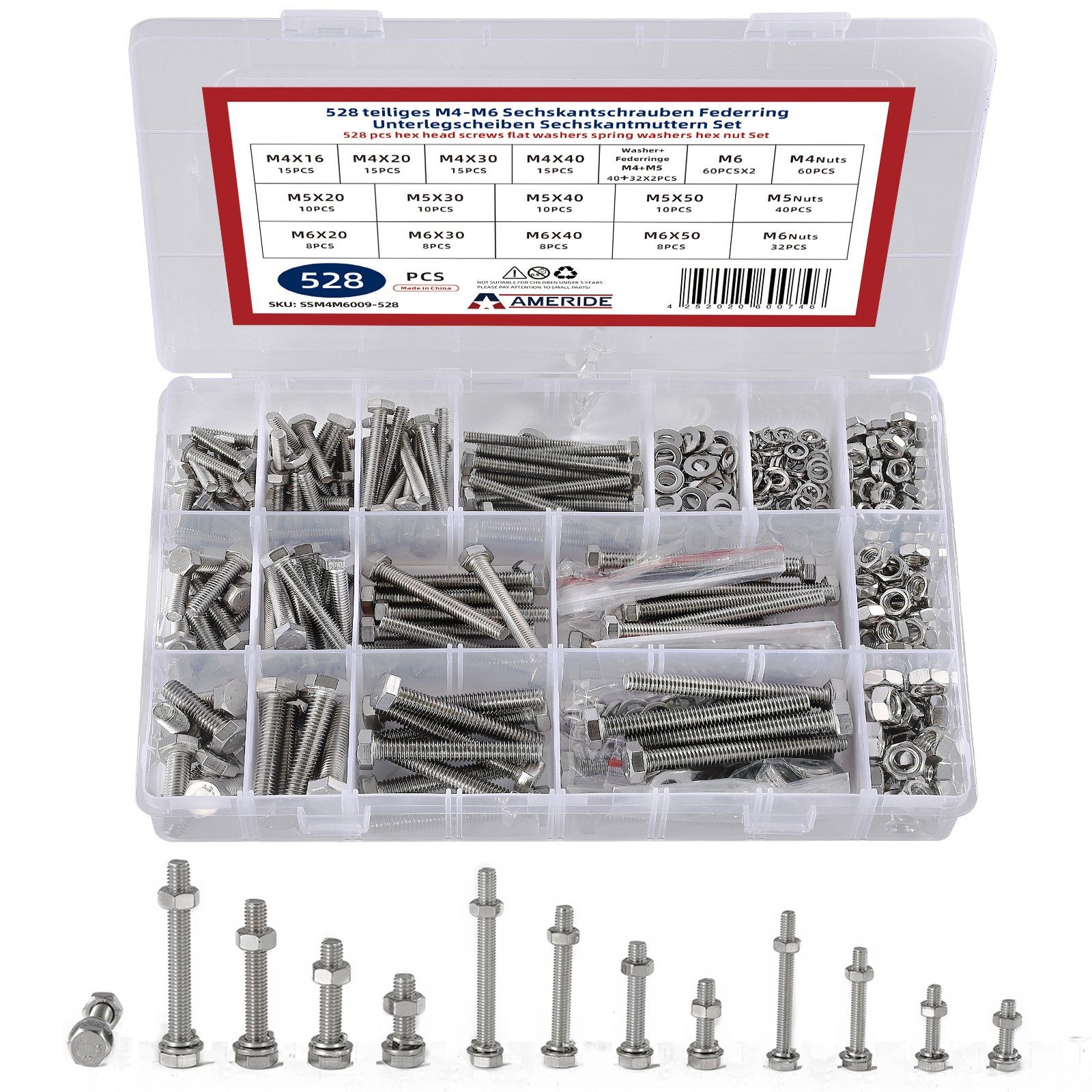 Natsen St), 528pcs M4 M6 M5 Schrauben Edelstahl Unterlegscheiden Muttern, Silber Schrauben-Set, Sechskantschrauben (528 Sortiment,