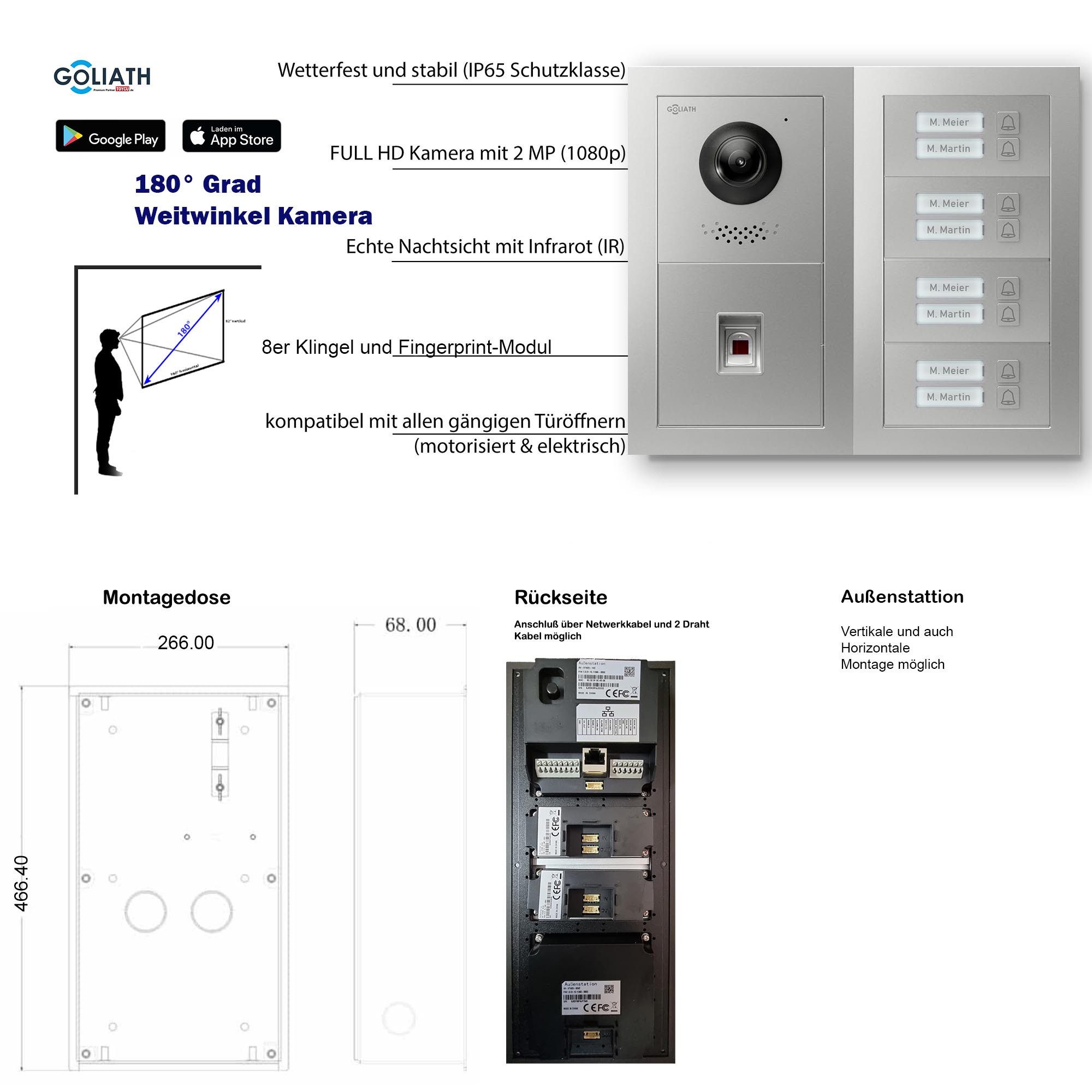 Goliath Intercom Video-Türsprechanlage Goliath IP Video Türsprechanlage: 7-Zoll 8 Familienhaus, Fingerprint, (Privat oder Gewerblich)