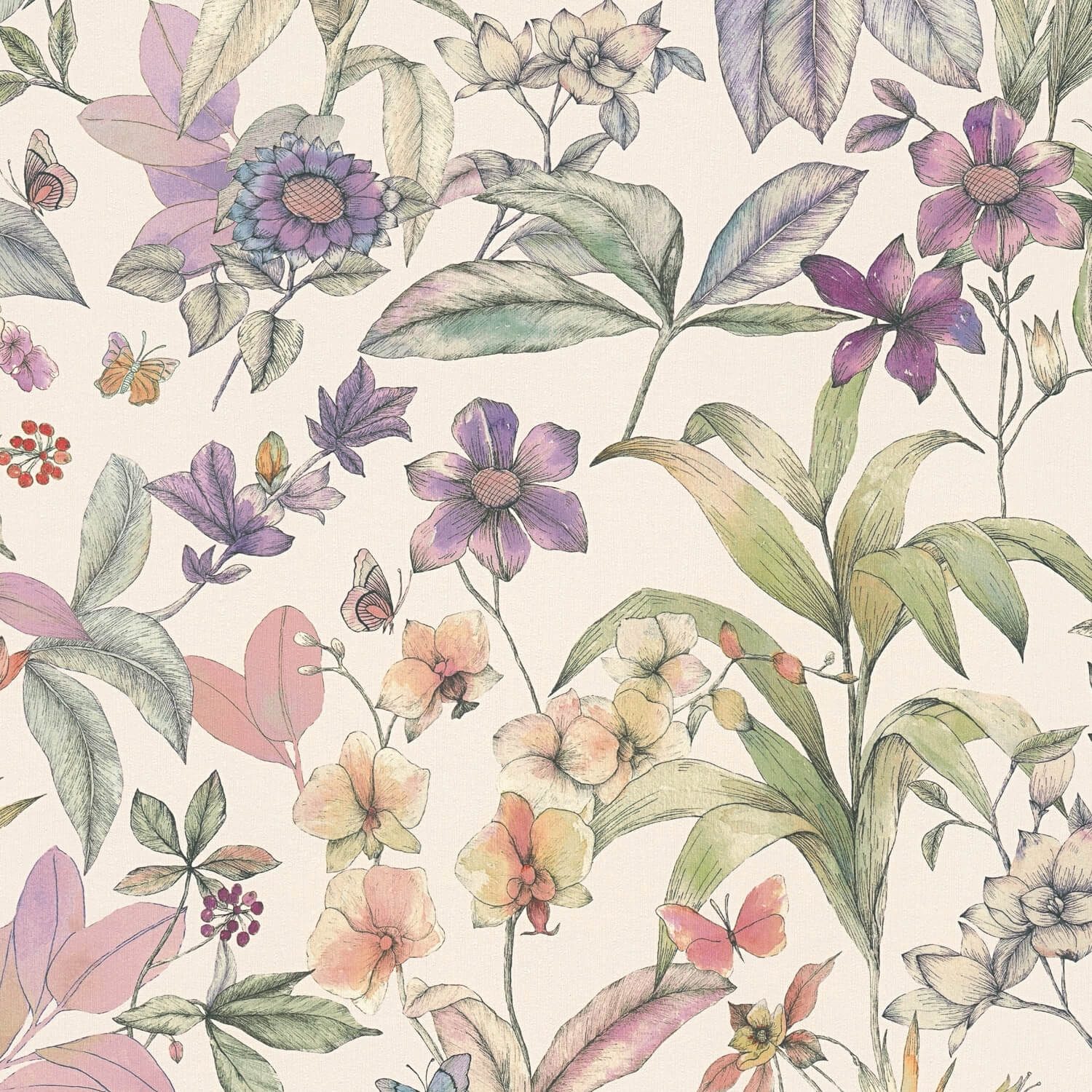 Profhome Vliestapete 791872-GU Blumen Tapete Floral matt weiß lila schwarz, geprägt, (1 Rolle, 5,33 qm), heißgeprägte Vliestapete, naturweiß