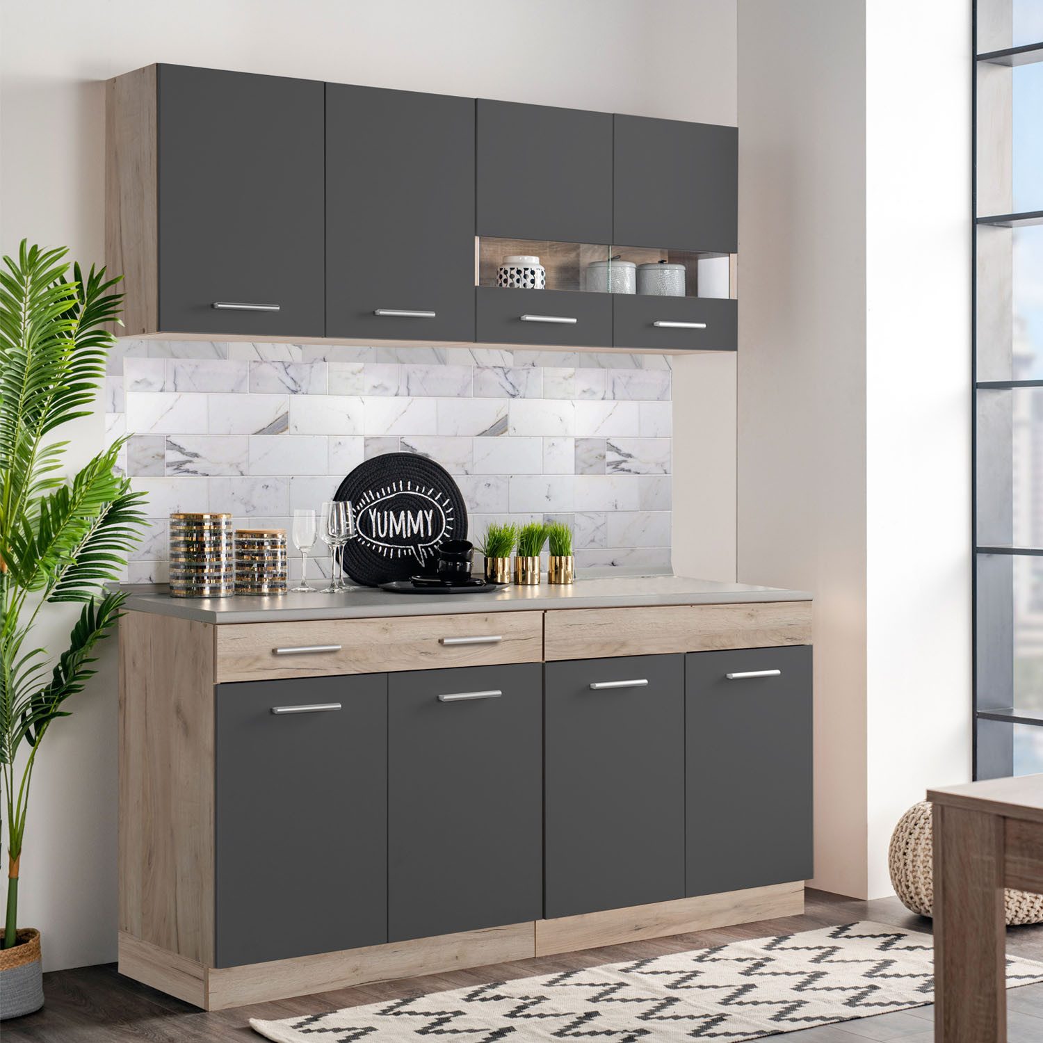Meuble de cuisine Homestyle4u 80 cm sans électroménager, cuisine simple, chêne gris mat, placards hauts vitrés, (placards hauts, placards bas), bloc cuisine avec placards hauts et bas, cuisine aménagée