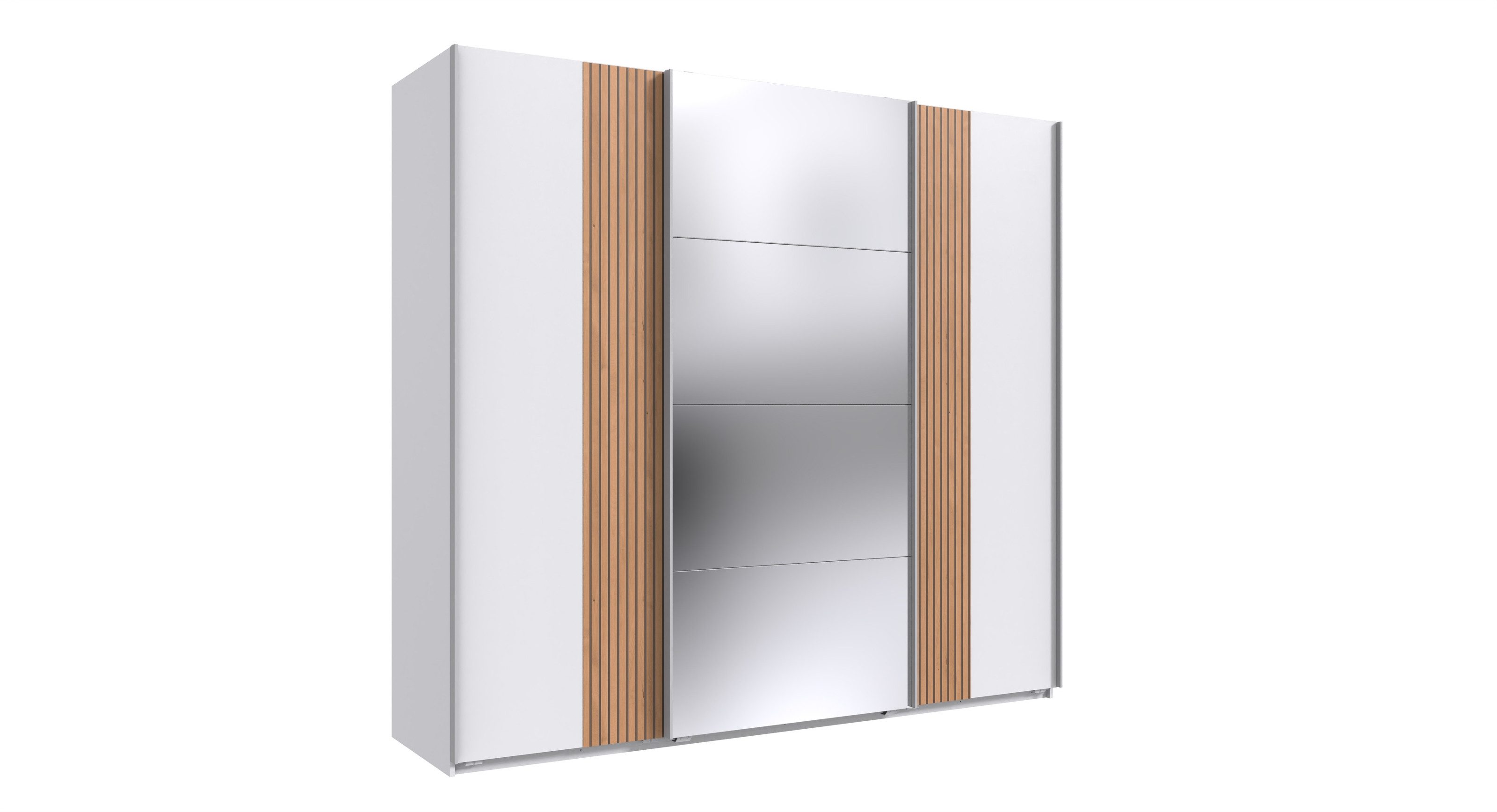Wimex Schwebetürenschrank Spiegel, Weiß / Akustiklamelle Artisan Eiche - 225x208x64cm (BxHxT)
