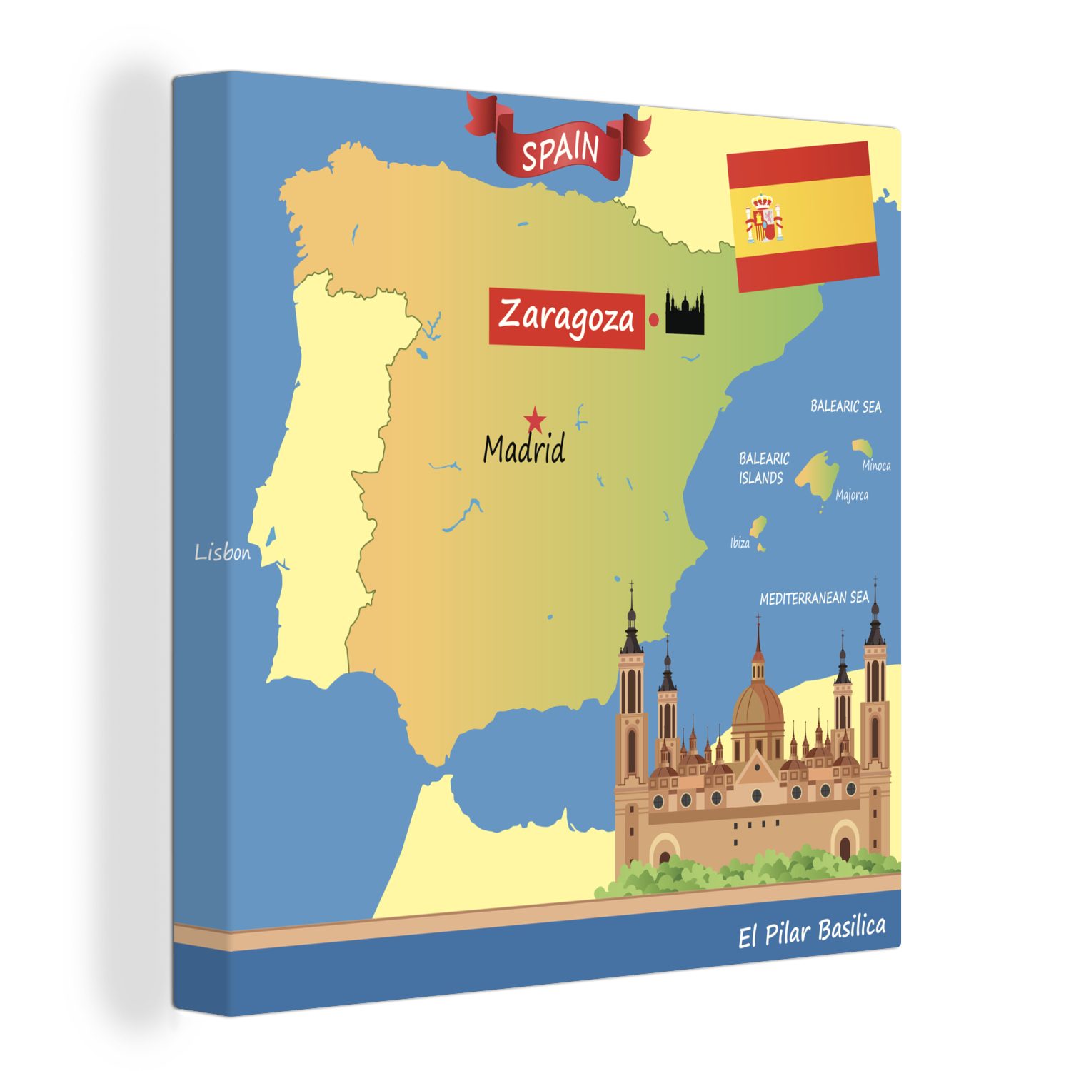 OneMillionCanvasses® Leinwandbild Illustration der Karte von Spanien mit Zaragoza, (1 St), Leinwand Bilder für Wohnzimmer Schlafzimmer