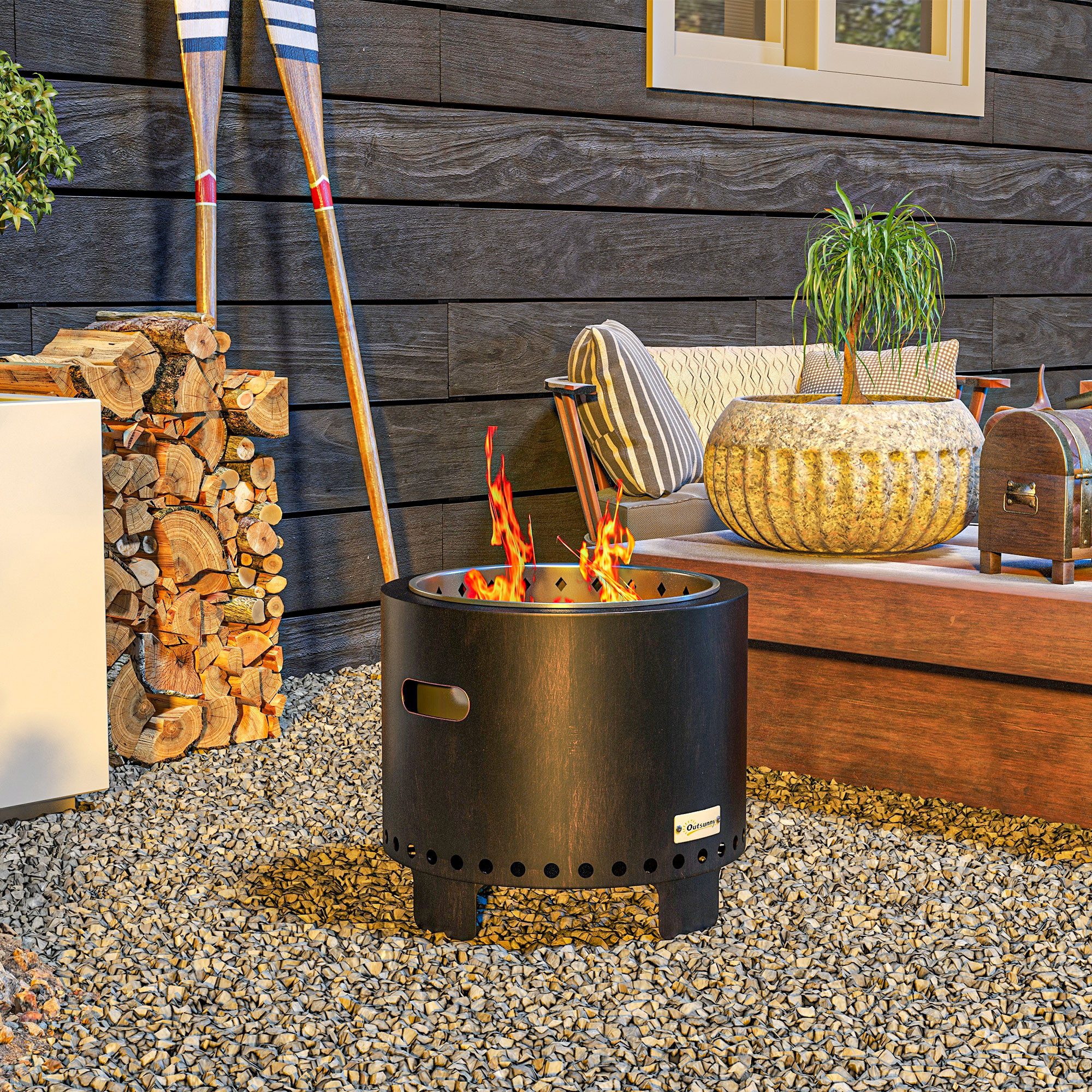 Outsunny Feuerschale rauchfreier, Tischfeuer, Ø45 cm mit Griff, Schürhaken, (Feuerkorb, 1-St., Feuerstelle), für Garten, Camping, Terrasse, Metall, Schwarz
