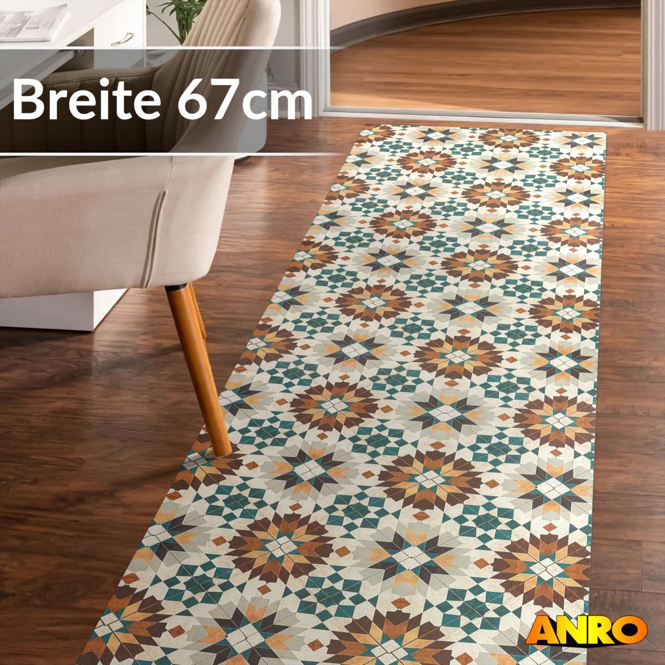 ANRO Küchenläufer abwaschbar Sternblume LADY Läufer pflegeleicht Küchenteppich, Rechteckig, Höhe: 3 mm, robust schmutzabweisend 67x100cm Vintage Bunt robust – Bild 3 von 5