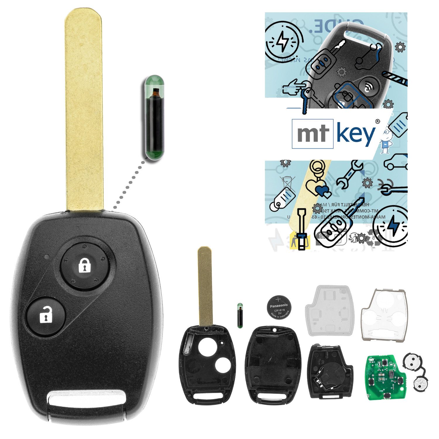mt-key Schlüsseltasche 2 Tasten Auto Funk Schlüssel ID 8E HON66 (Set), für Honda Accord (VII, 06–09); CR-V (RD7 II, 05–07); FR-V (BE1/BE3...