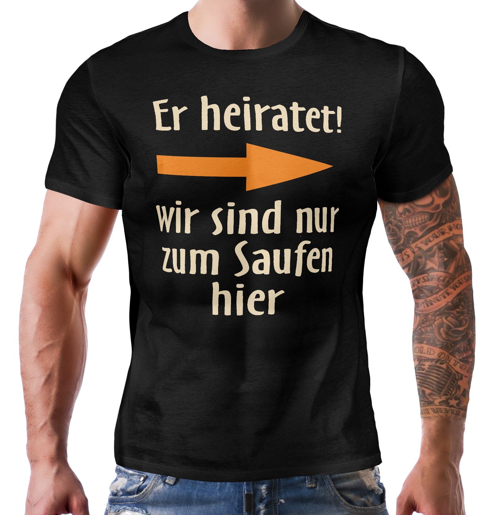 RAHMENLOS® T-Shirt für das Team beim JGA - er heiratet! Pfeil nach links