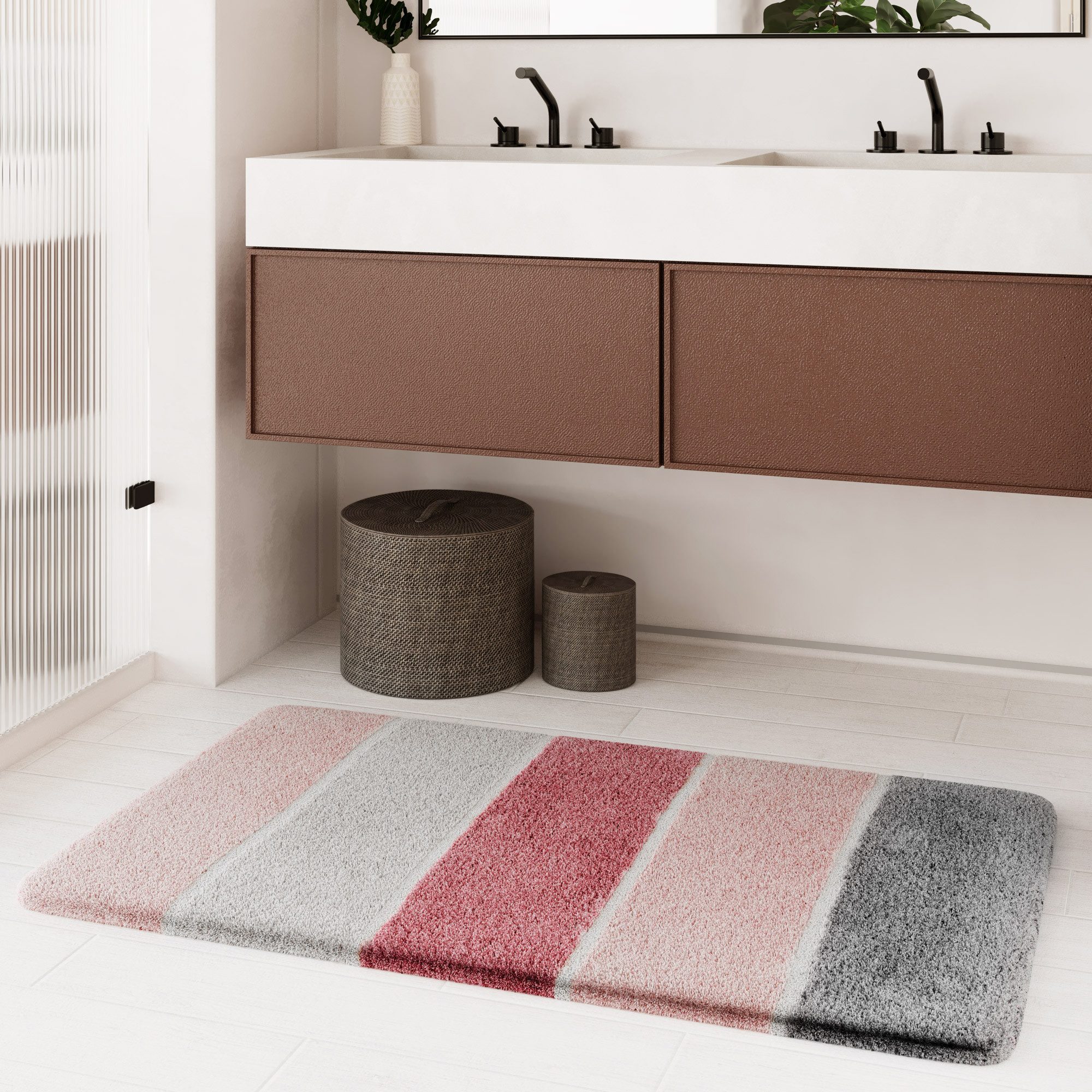 Homie Living Badematte Rio Marina, Höhe 30 mm, rutschhemmend beschichtet, fußbodenheizungsgeeignet, schnell trocknend, Polyester, rechteckig, flauschiger Badteppich, modern gestreift, waschbar, Badezimmerteppich