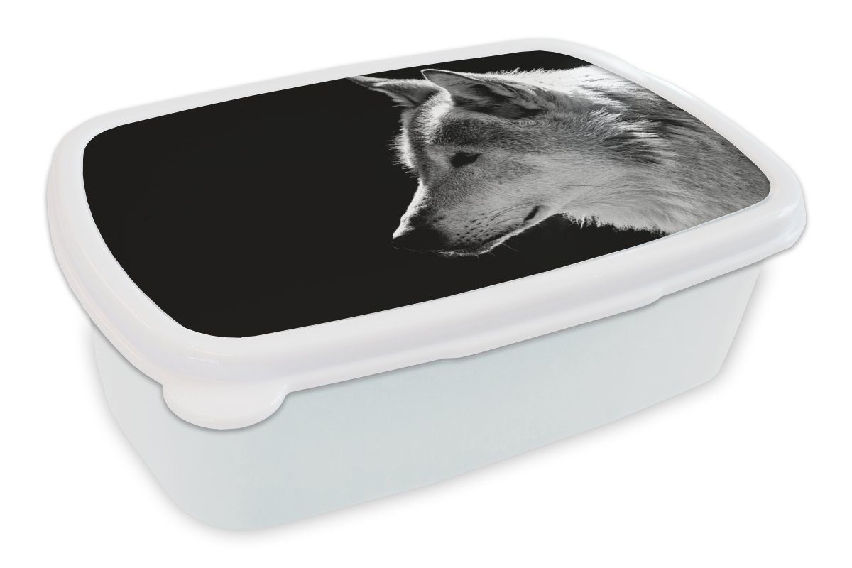 MuchoWow Lunchbox Wildlife - Wolf - Schwarz - Weiß, Kunststoff, (2-tlg), Brotbox für Kinder und Erwachsene, Brotdose, für Jungs und Mädchen