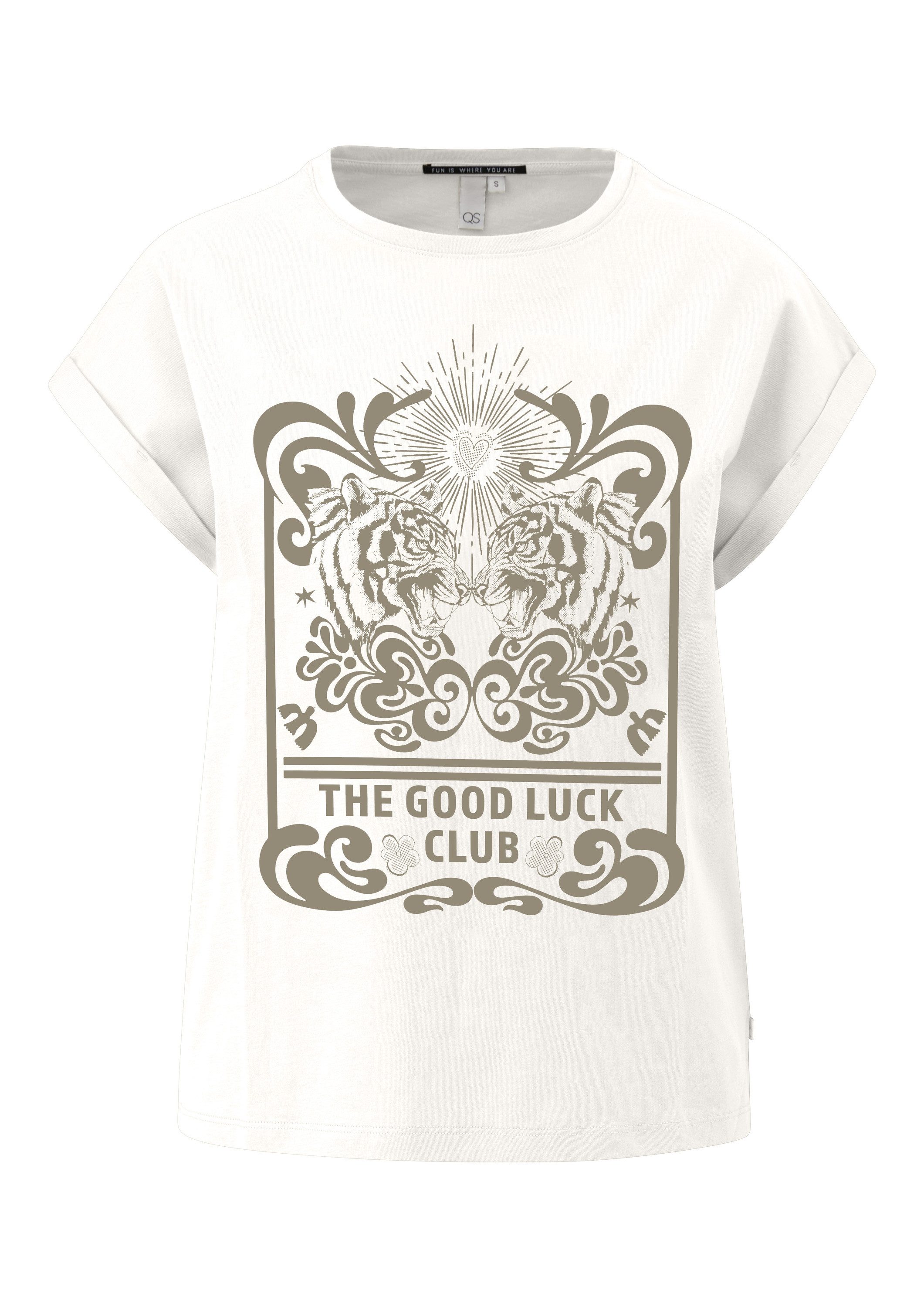 QS Kurzarmshirt T-Shirt Baumwollshirt mit überschnittener Schulter Frontpri günstig online kaufen