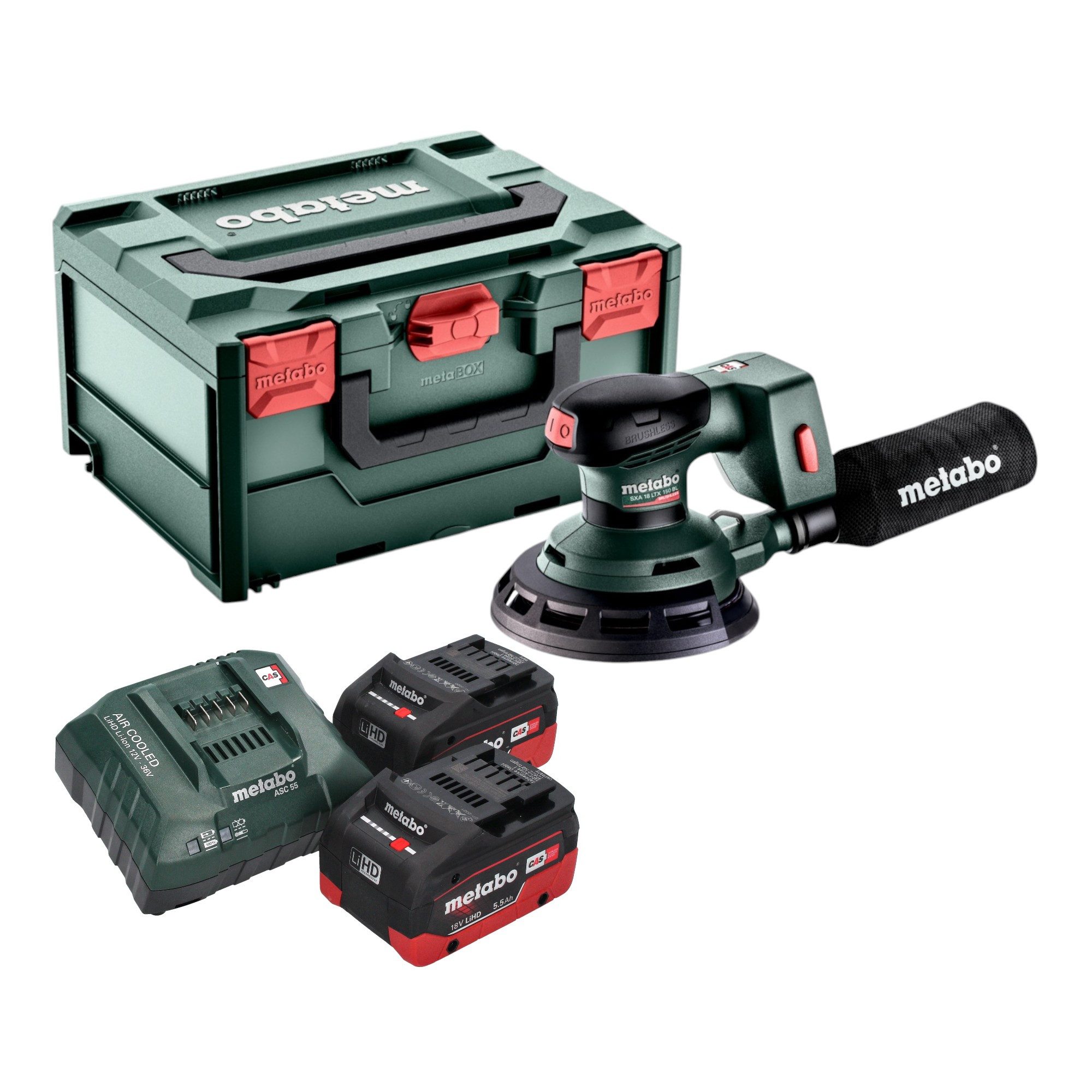 metabo Akku-Exzenterschleifer SXA 18 LTX 150 BL 18 V 150 mm + 2x LiHD Akku 5,5 Ah + Lader + metaBOX