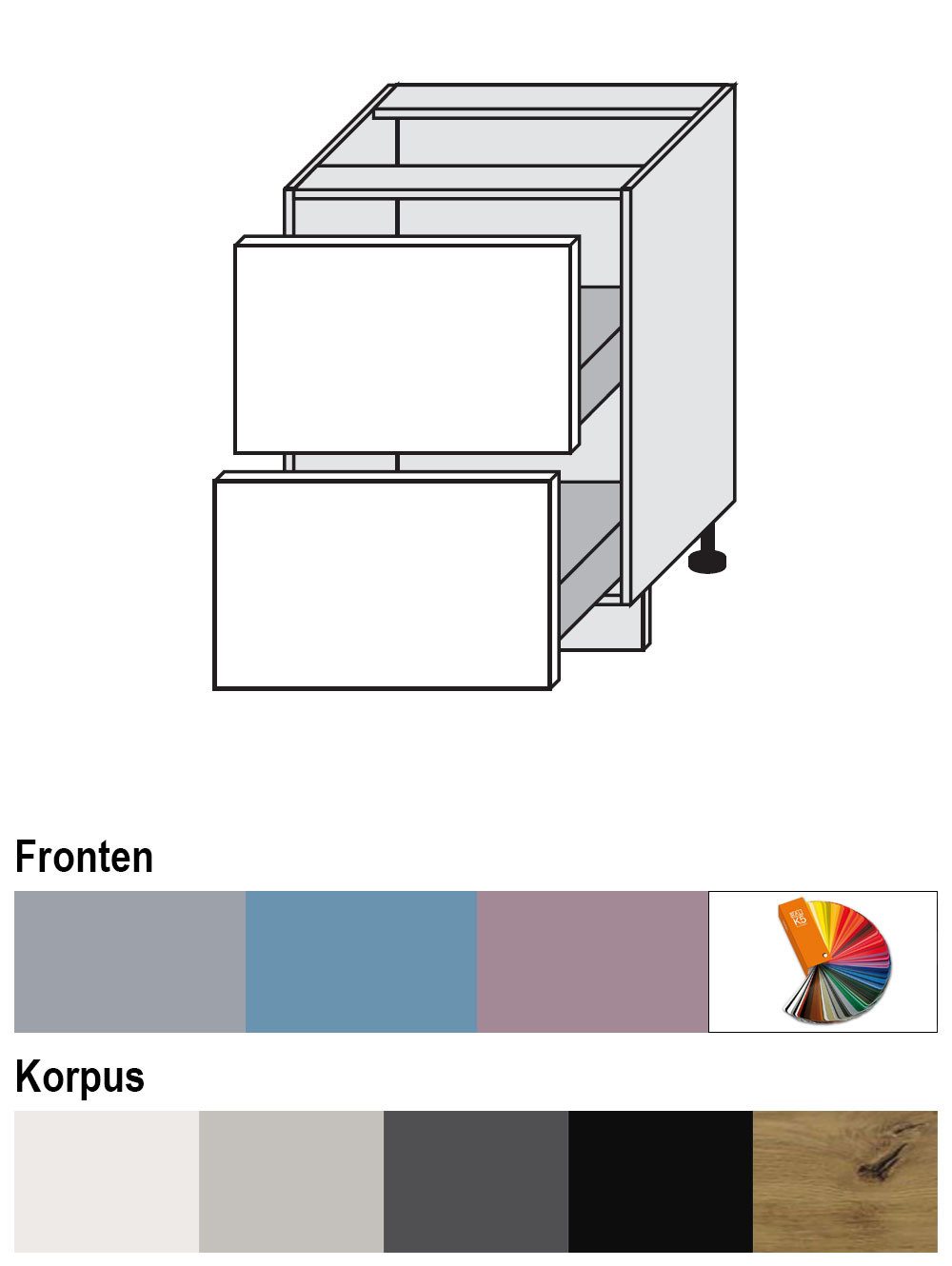 Feldmann-Wohnen Auszugsunterschrank Bari (D2M/60, 2 Schubladen, Blum Metabox Teilauszug, 1-St., moderne Kassettenoptik, lackierte Fronten, 60x50x82cm) Eiche Artisan / RAL Wunschfarbe matt (K5)