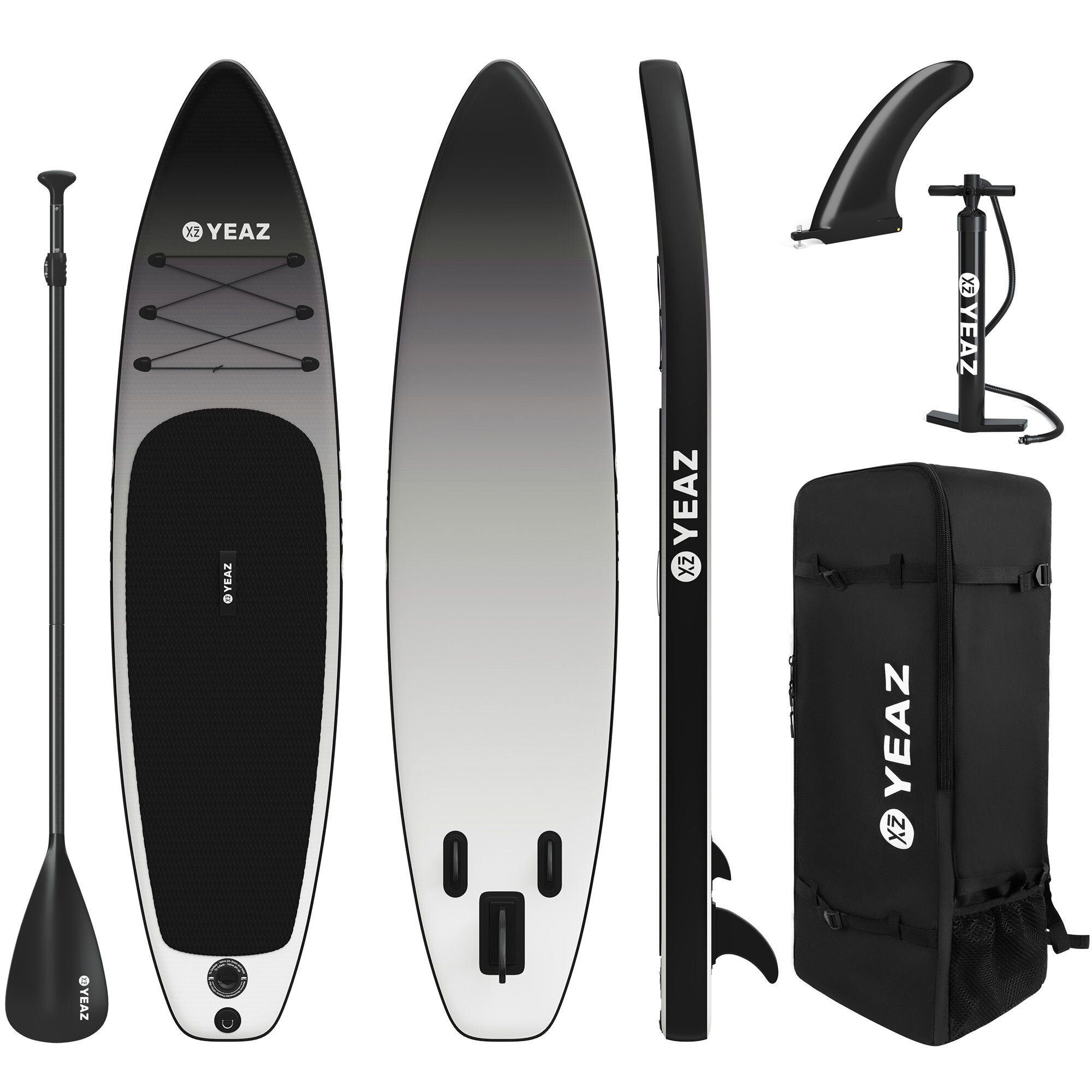 YEAZ Inflatable SUP-Board BLACK SANDS BEACH - EXOTRACE PRO - SET SUP Board, Inflatable SUP Board, (Set), inkl. Zubehör wie Paddel, Handpumpe und Rucksack