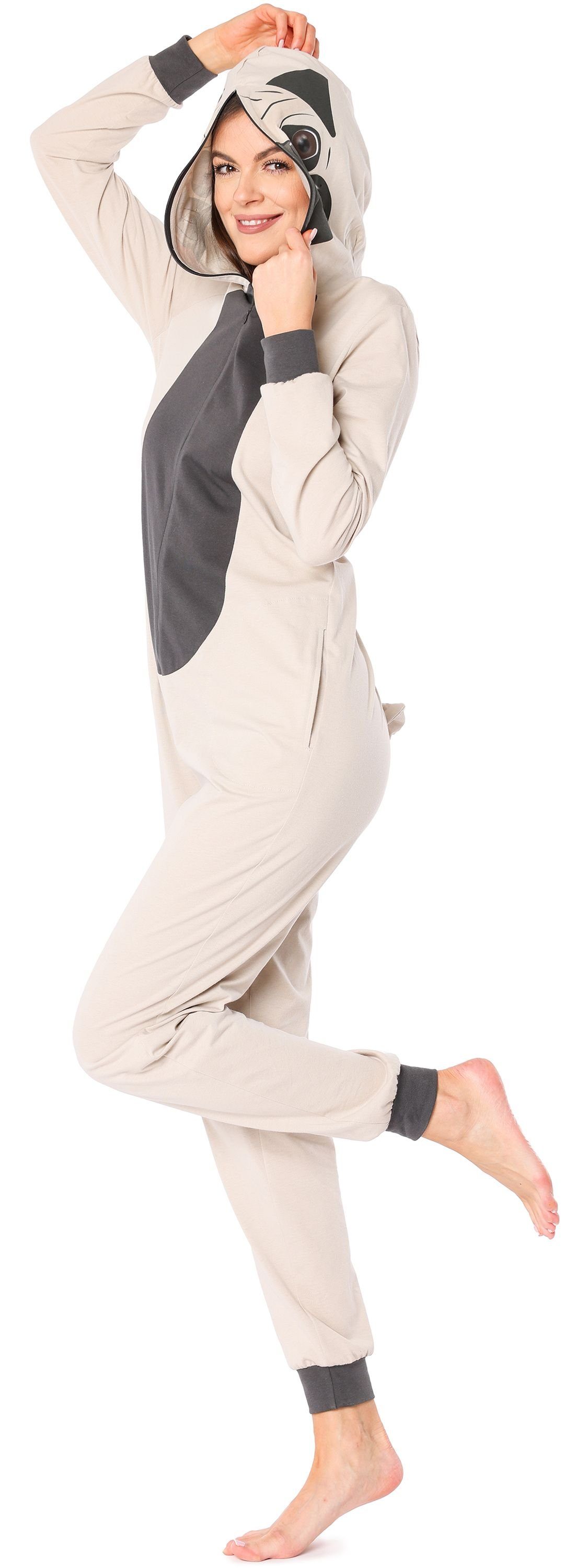 Ladeheid Schlafanzug Damen Schlafoverall aus Baumwolle Jumpsuit mit Kapuze LA40-234 ohne Beige Mops