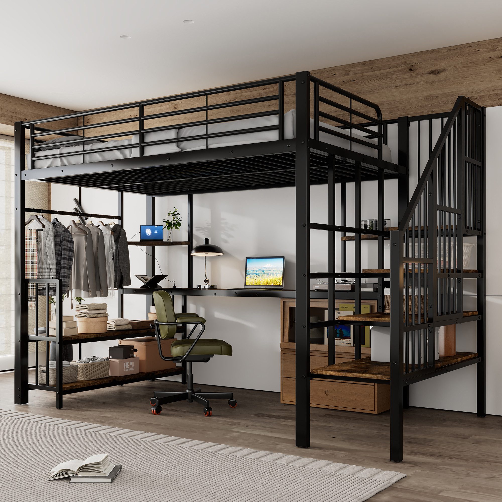 Odikalo Hochbett Metallbett 120x200 mit Schreibtisch & Stauraum (Eisenbett, günstig online kaufen