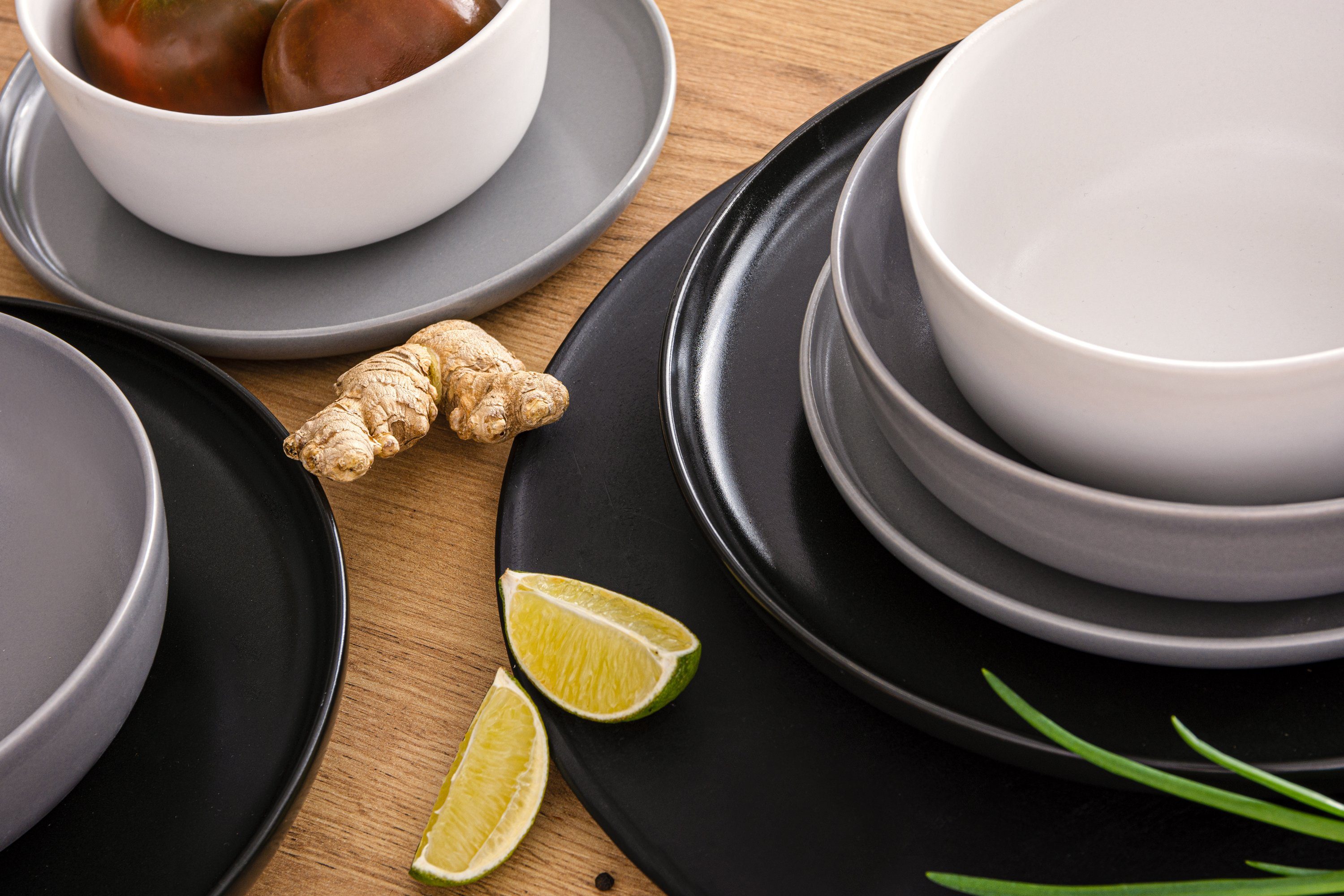 KONSIMO® Kombiservice VICTO Geschirrset hergestellt in der EU (24-tlg), 6 Personen, Steingut, spülmaschinengeeignet, mikrowellengeeignet, mehrfarbig, matt