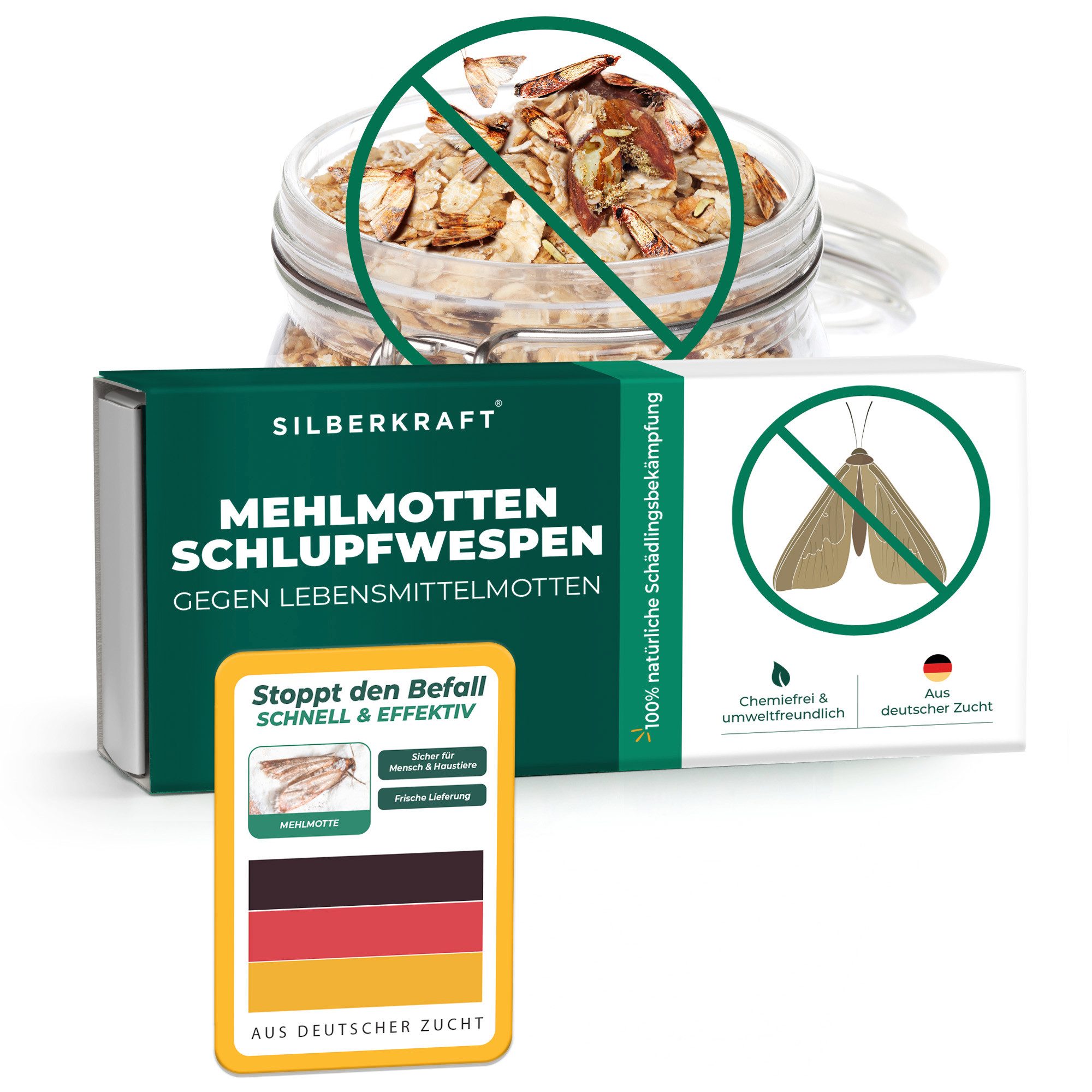Silberkraft Insektenvernichter Mehlmottenschlupfwespen, biologische Motten- und Larvenbekämpfung, Mehlmotten, Dörrobstmotten, Speichermotten, Getreide- und Wachsmotten