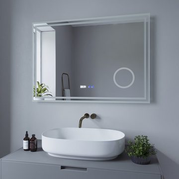AQUALAVOS Badspiegel Badspiegel mit Beleuchtung Led Badezimmer mit Digitaluhr Lichtspiegel, mit Vergrößerung, Touchschalter, Energiesparend Kaltweißes Licht