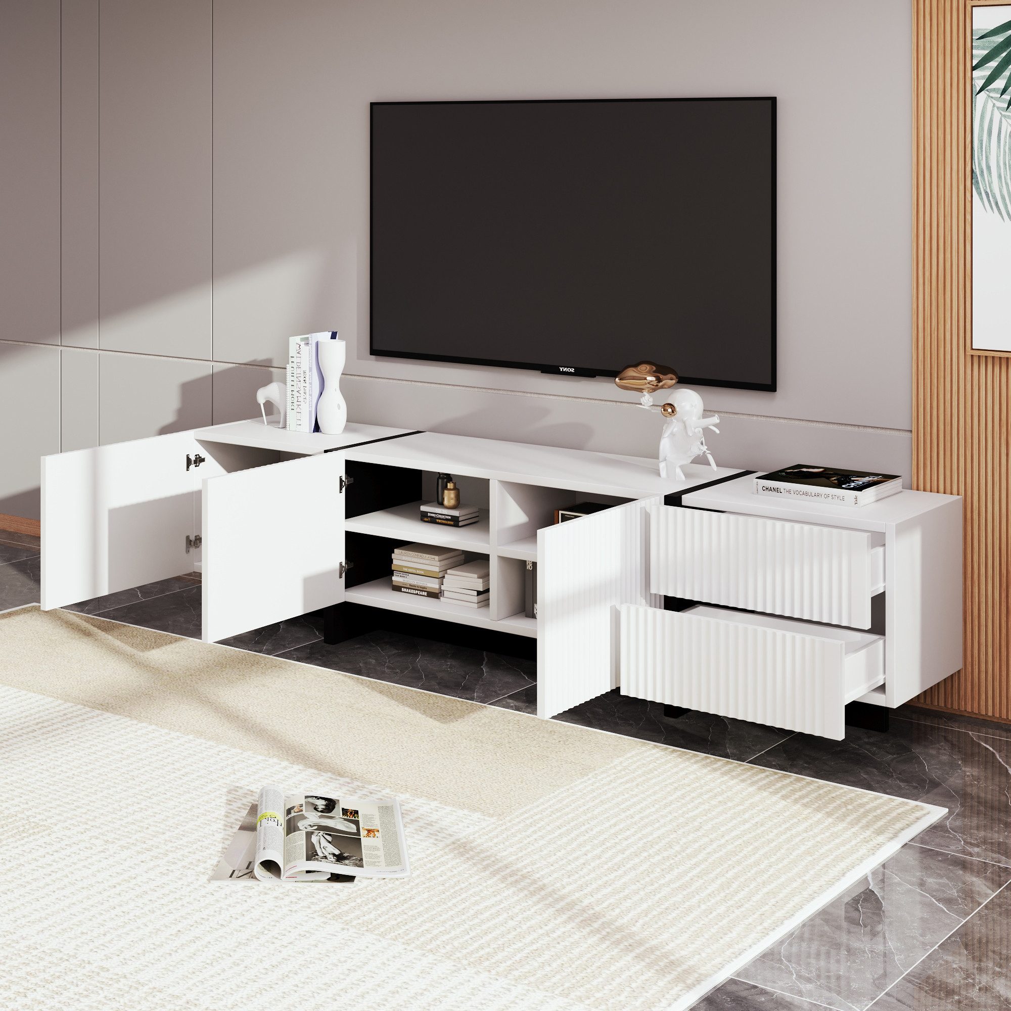 REDOM Lowboard TV-Möbel Sideboard mit 2 Schubladen 3 Türen (190x35x45 cm Fe günstig online kaufen