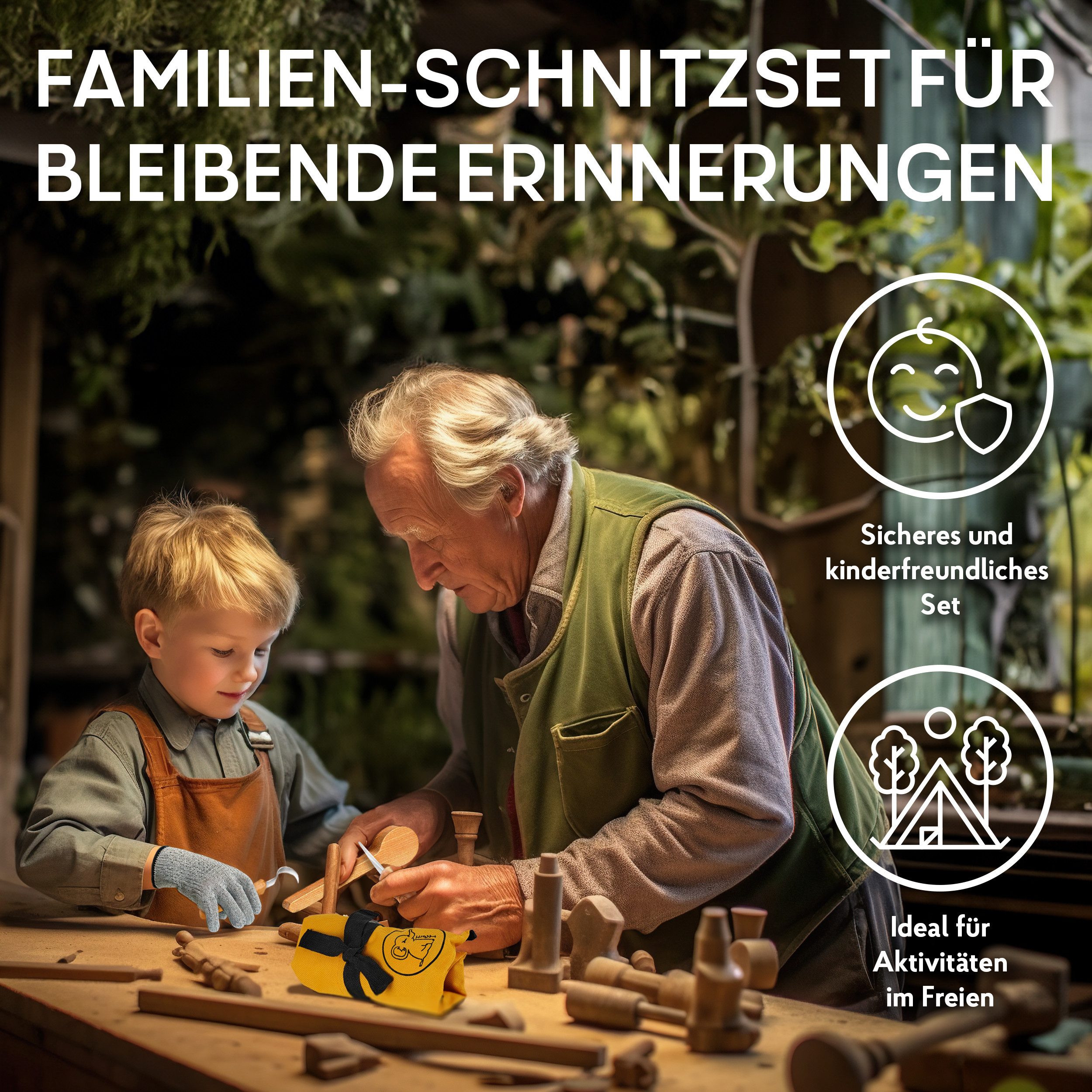 Eli Taschenmesser Schnitzmesser Kinder - Kindermesser - Schnitzset - Kindertaschenmesser, (Schnitzwerkzeug - Outdoor Messer, 5 St., Kinderschnitzmesser - Griffe aus Buchenholz), inkl. schnittfeste Handschuhe - Beidhändig - rostfreier Stahl