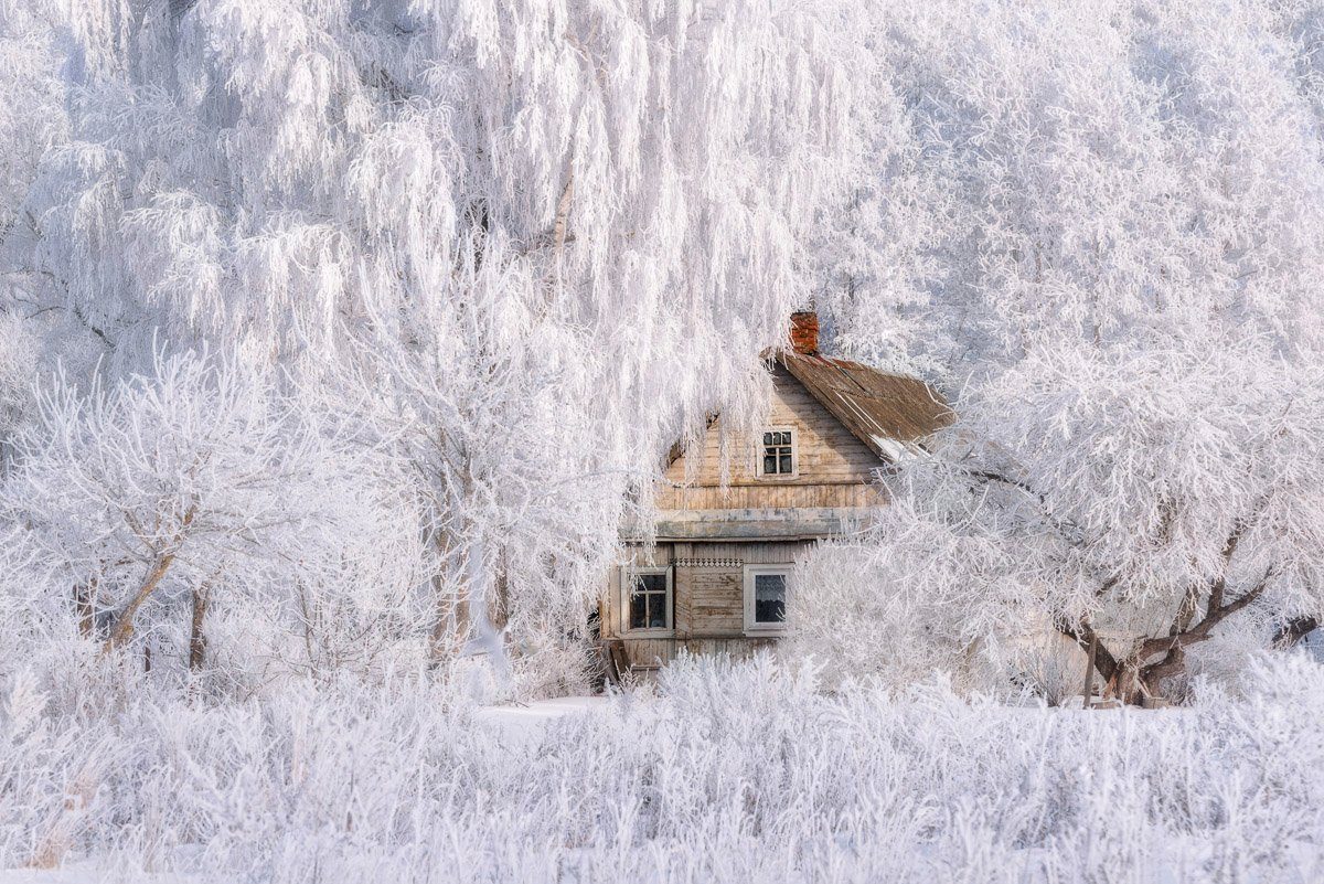 Papermoon Haus in Fototapete Schneelandschaft