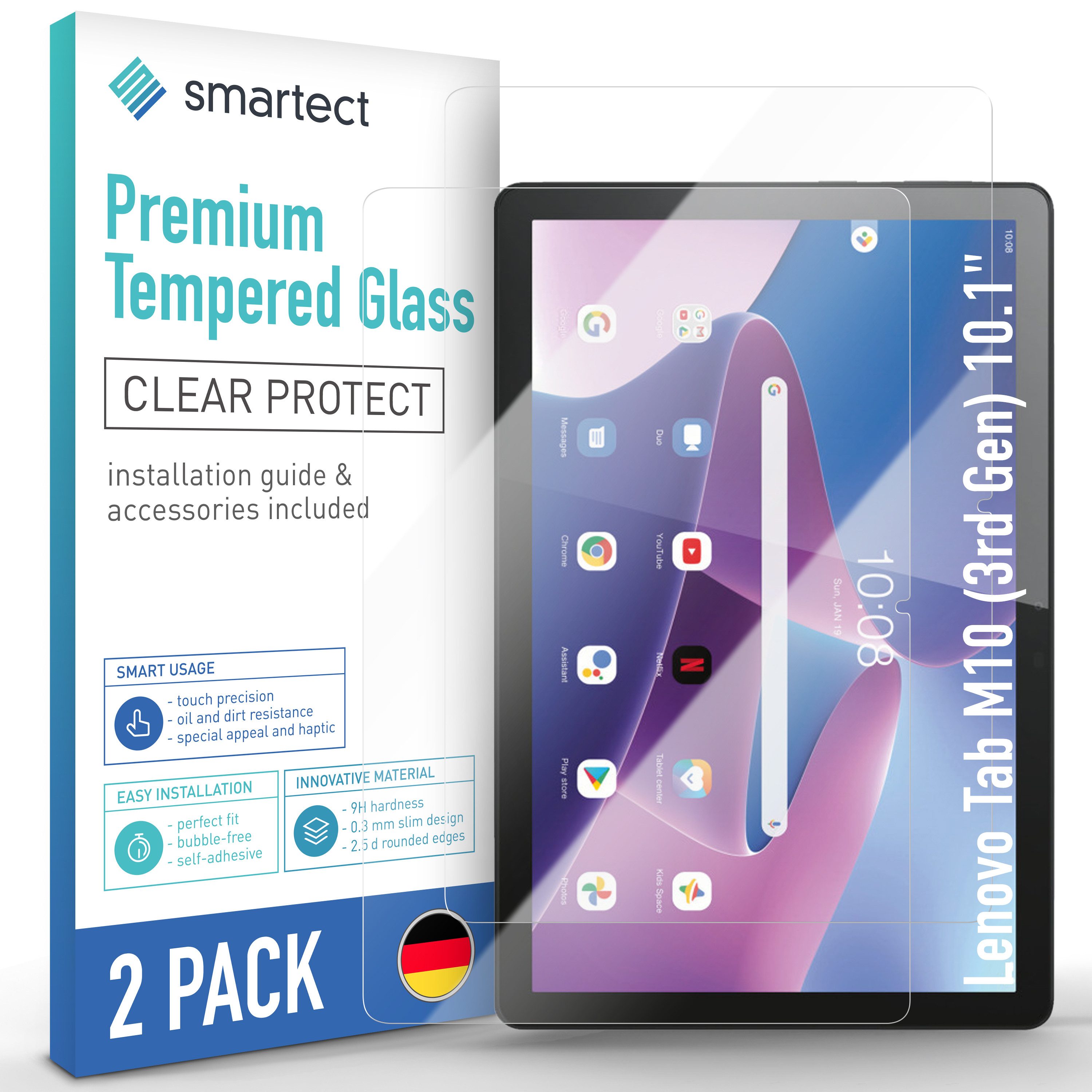 smartect Displayschutzglas Schutzglas Panzerfolie Klar für Lenovo Tab M10 (3rd Gen) 10.1", Set, 2 Stück, Schutzfolie Glasschutz Bildschirm