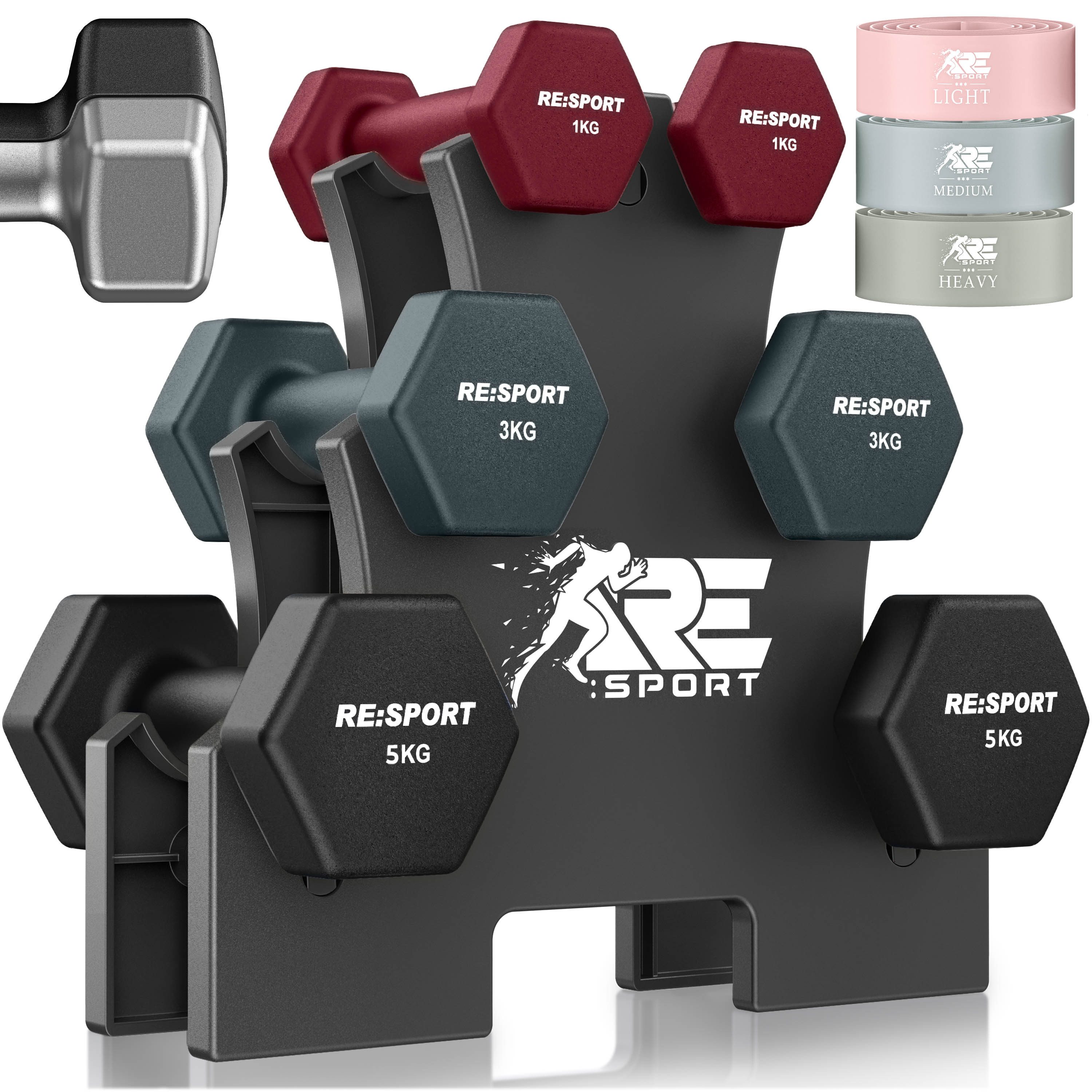 RE:SPORT Hantel RE:SPORT Hantelset mit Ständer inkl. Fitnessbänder, (Hanteln Hantelset für Damen & Herren, 3x Fitnessbänder Rutschfeste Kurzhanteln), Hanteln Set Neopren 3 Paar mit Ständer