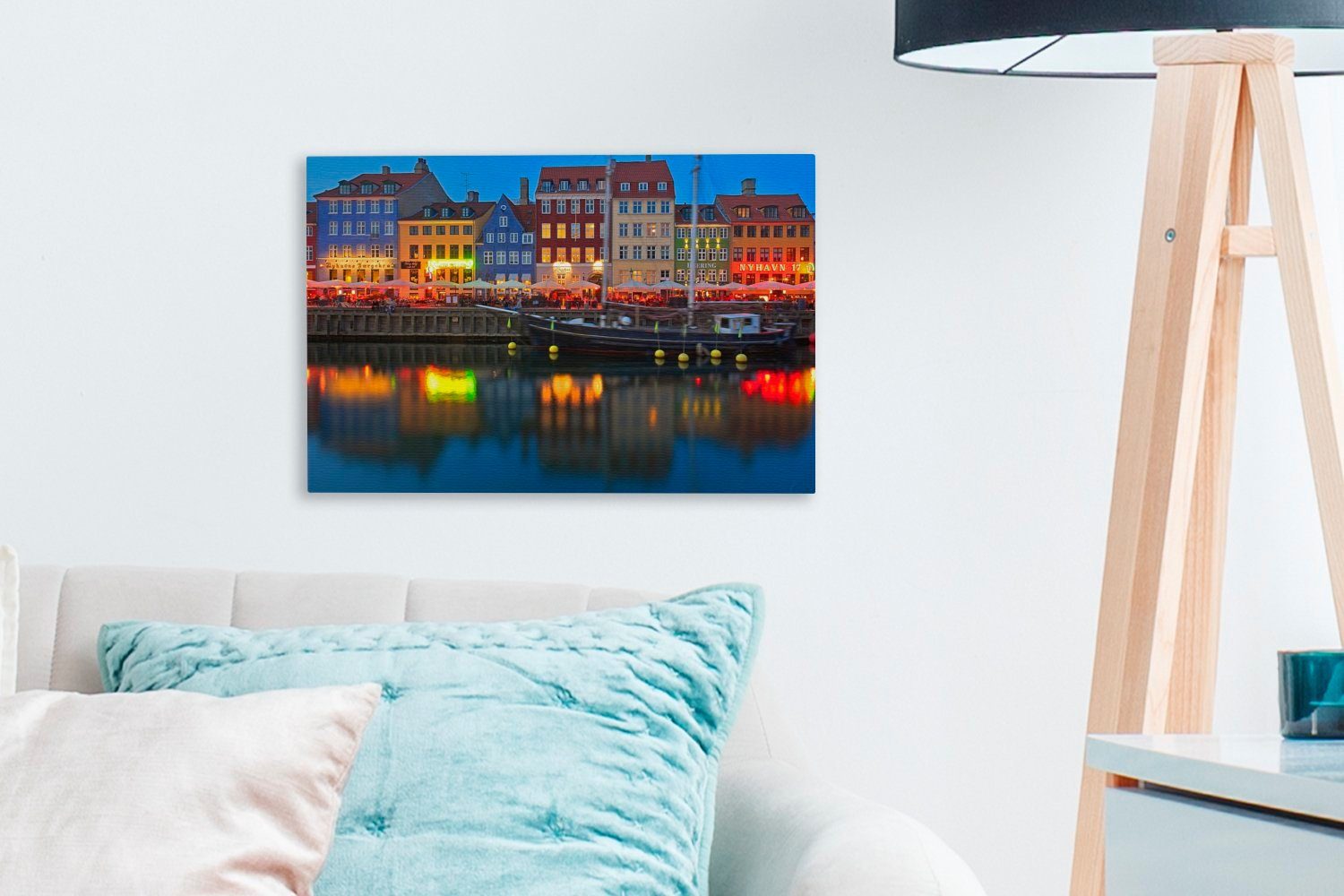 OneMillionCanvasses® Leinwandbild Nacht, Wanddeko, Dänemarks Wandbild cm (1 Nyhavn 30x20 Aufhängefertig, Leinwandbilder, St), bei