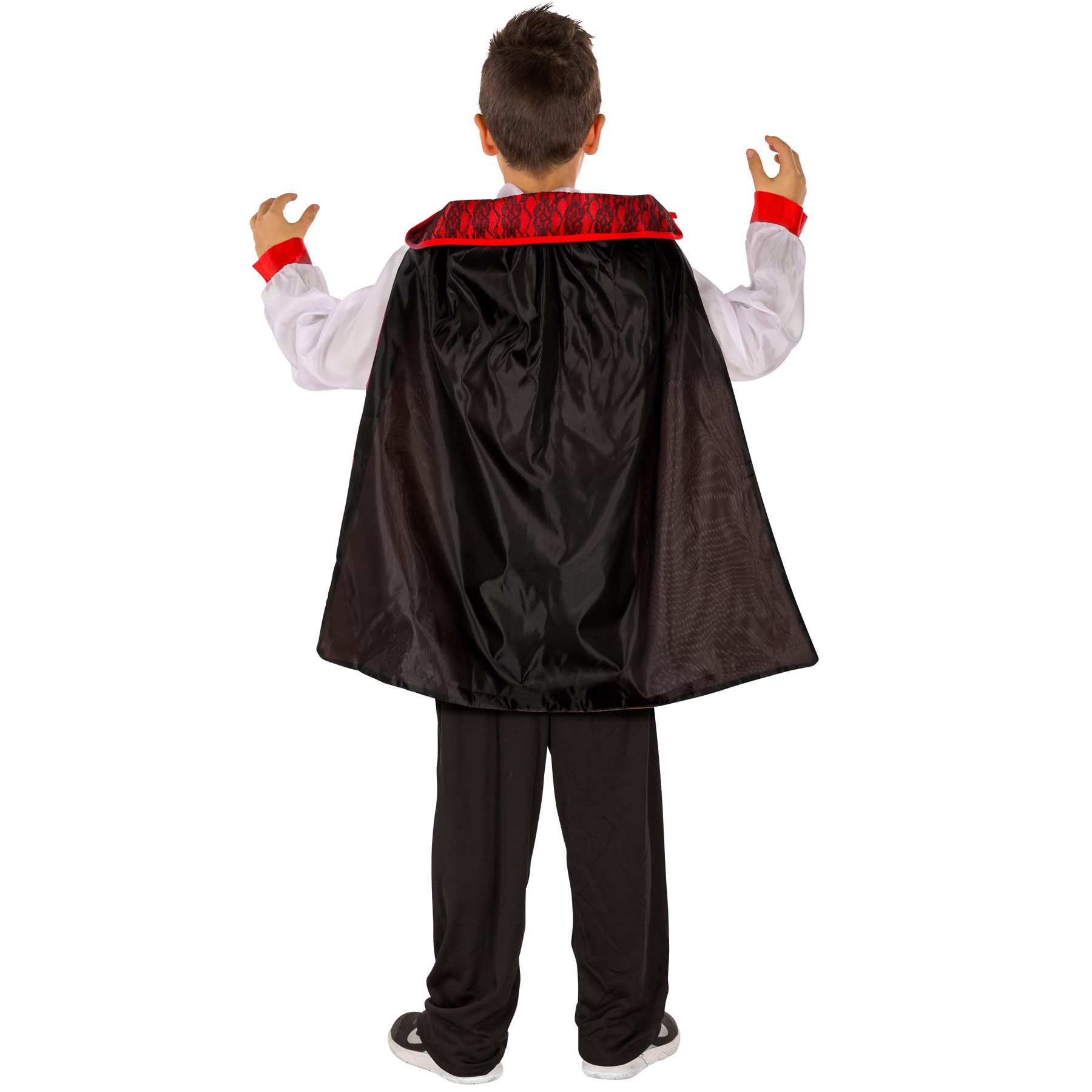 dressforfun Vampir-Kostüm Dracula/Blutsauger, in schwarz, Hemd mit Westenoptik, Edle Knöpfe, Gr. 116 (5-7 Jahre), Dracula-Umhang mit Spitze, Schlichte bequeme Hose