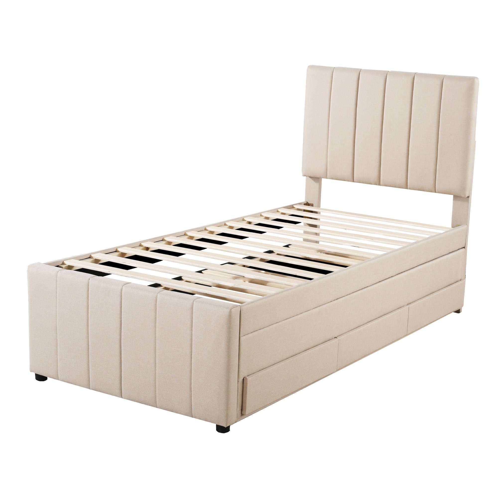 Polsterbett (Einzelbett 90x200cm), mit 3 Schubladen und Ausziehbett 90x190cm, Bezug aus Baumwolle-Leinen