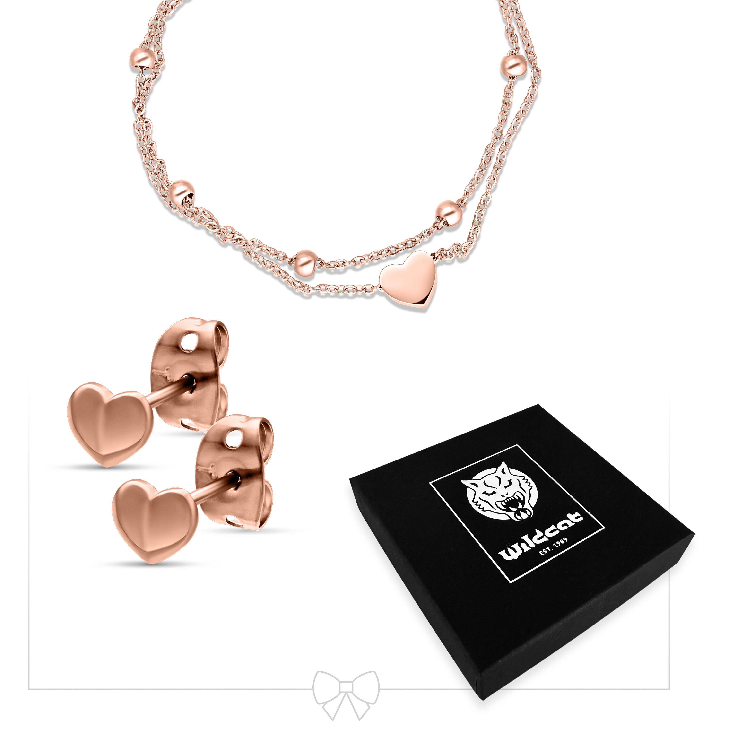 Wildcat Schmuckset Little Heart Bracelet Double Row with Earstuds Set für Ohr, 1 Stück, Chirurgenstahl 316L - wasserfest, hautverträglich, Roségold