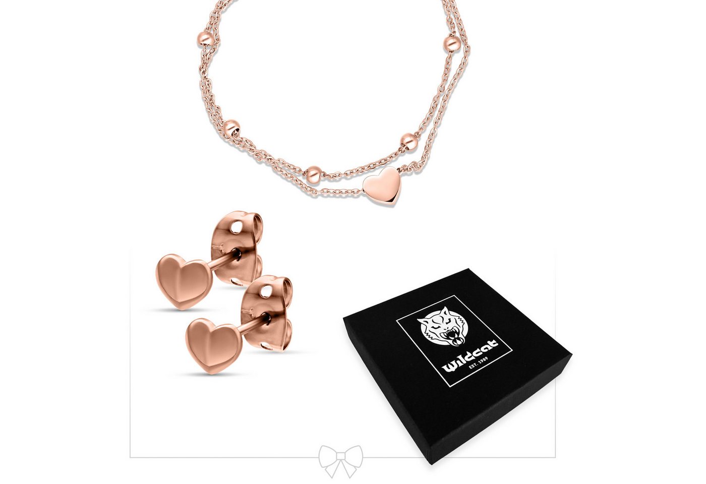 Wildcat Schmuckset Little Heart Bracelet Double Row with Earstuds Set für Ohr, 1 Stück, Chirurgenstahl 316L - wasserfest, hautverträglich, Roségold