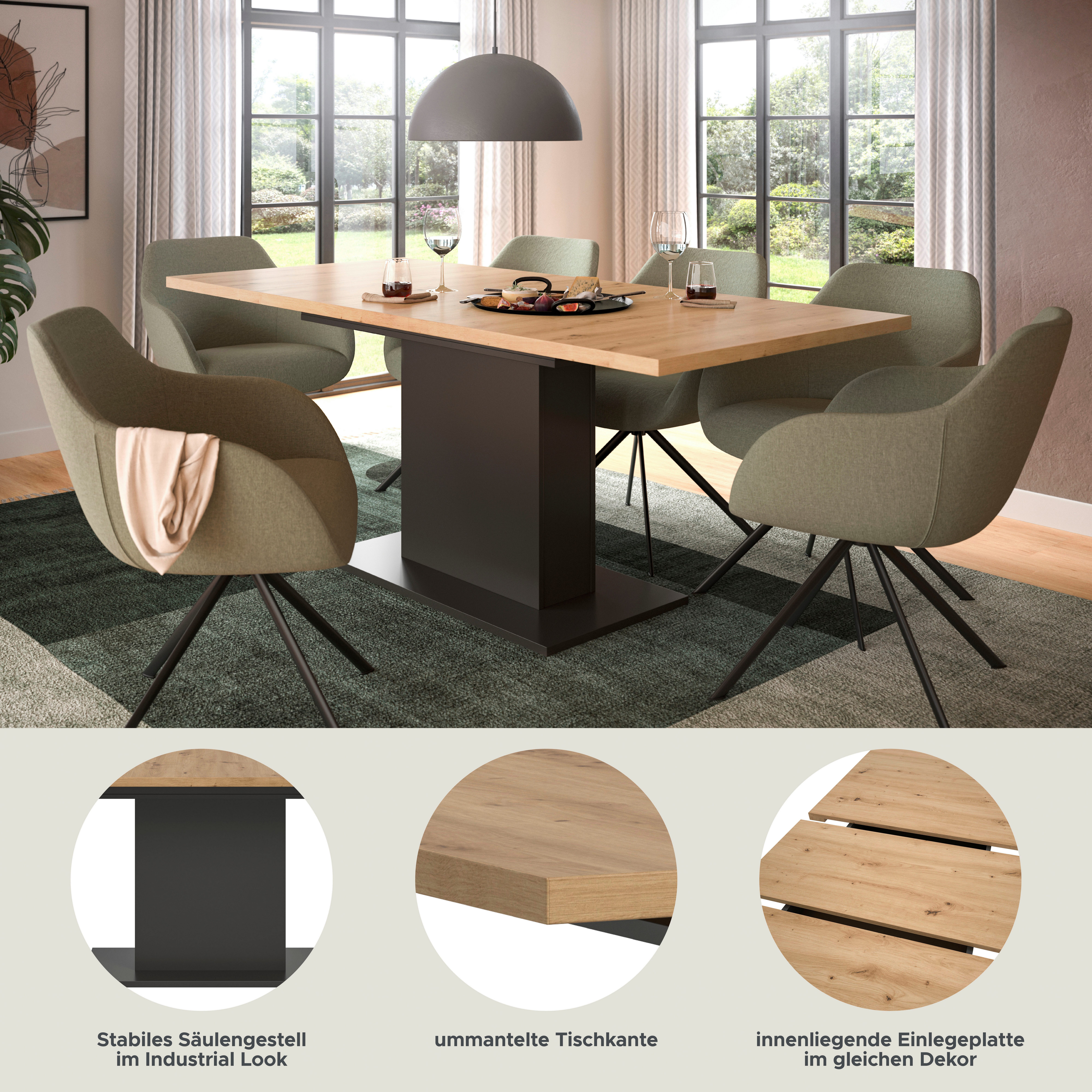 Home affaire Esstisch Motus, ausziehbar 150 -190 cm, inklusive 40 cm Einlegeplatte (Set, 1-St), Säulengestell mit Bodenplatte, Tisch, Küchentisch, Esszimmer, Küche
