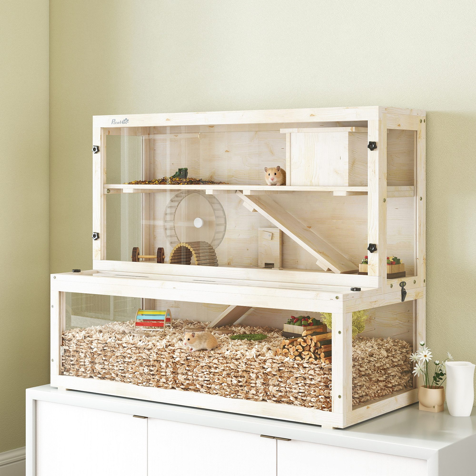 PawHut Kleintierkäfig Hamsterkäfig aus Holz Nagerkäfig 3 Etagen mit Sichtfenster, für Hamster, Zwerghamster, 100x50x84 cm, Naturholz
