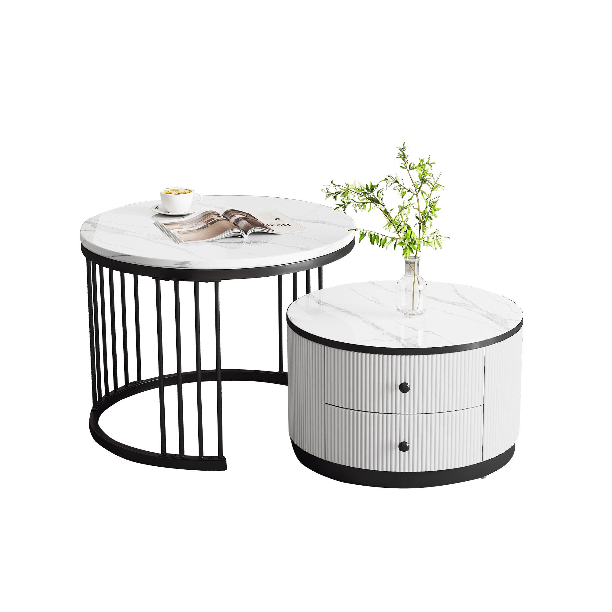 Merax Couchtisch, Hochglanz Marmoroptik, Beistelltisch Set, Satztisch Metallrahmen